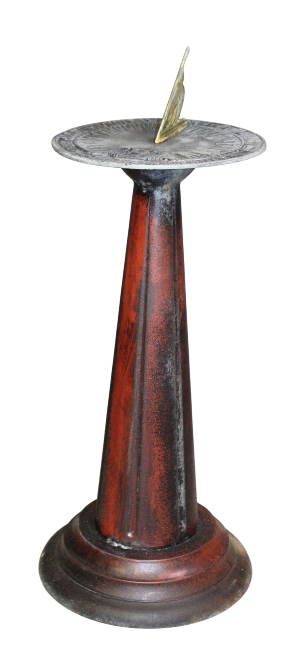 Virginia Metalcrafters sundial on cast iron pedestal base: Virginia Metalcrafters sundial on cast iron painted pedestal base. 28 1/2"h x12" dia at the base