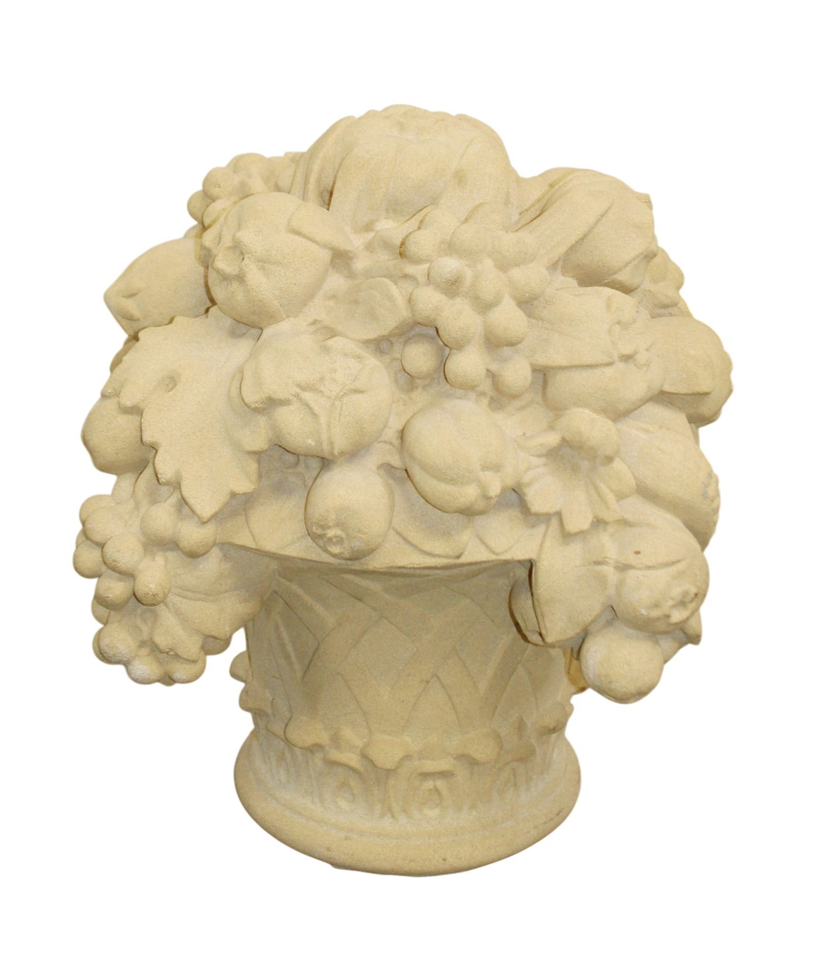 Cast Haddonstone fruited basket garden sculpture: Cast Haddonstone fruited basket garden sculpture. 18 1/2"h x 18 1/2"w overall. Weight: 105 lbs.