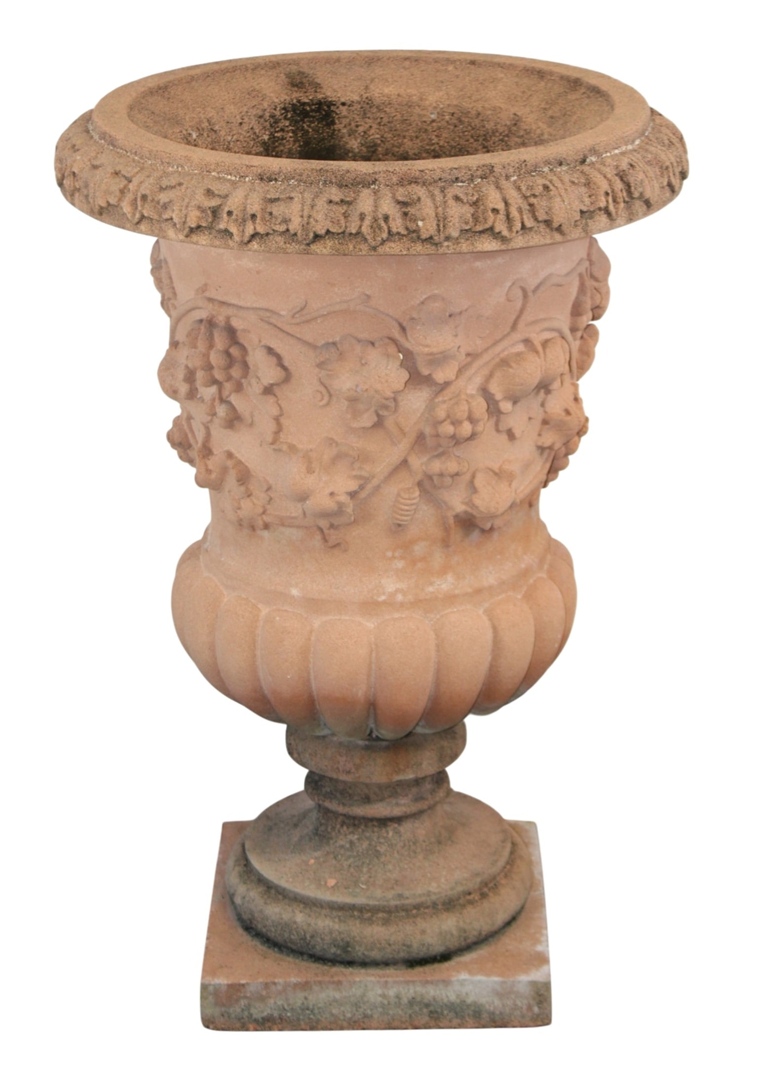 Haddonstone Florentine cast garden urn: Haddonstone Florentine cast garden urn. Modern. 35"h x 23"dia Base 13 1/4"square