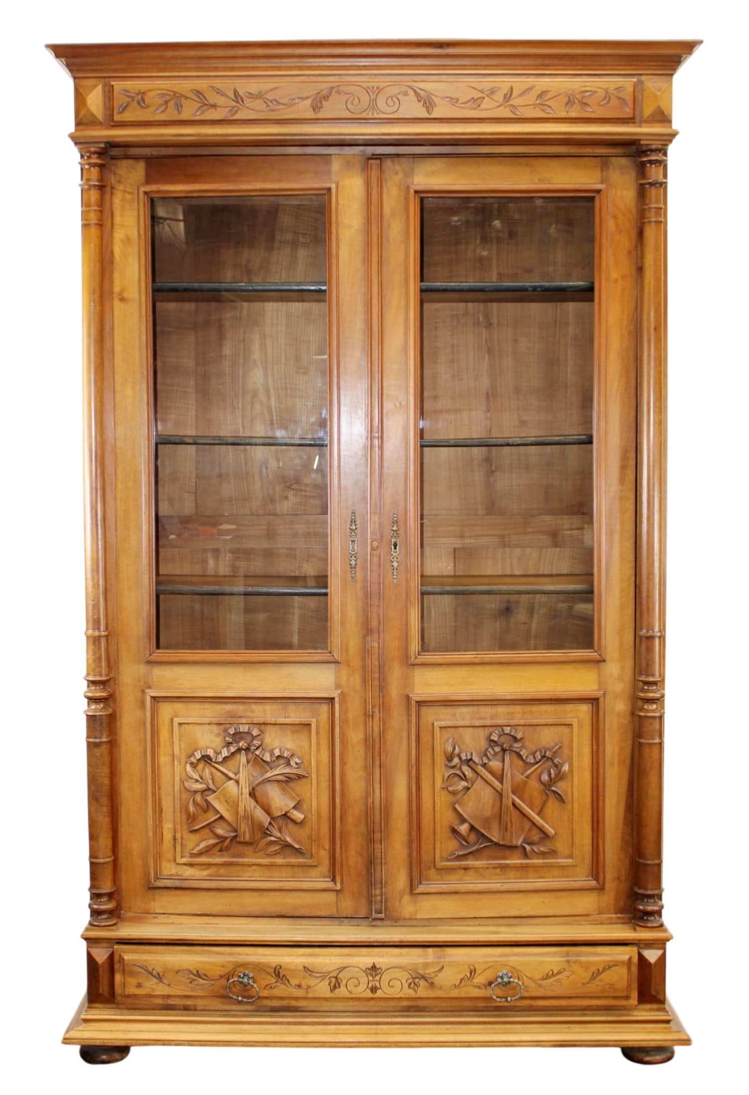French 2 door bookcase in walnut with relief carved attributes (1 of 12)