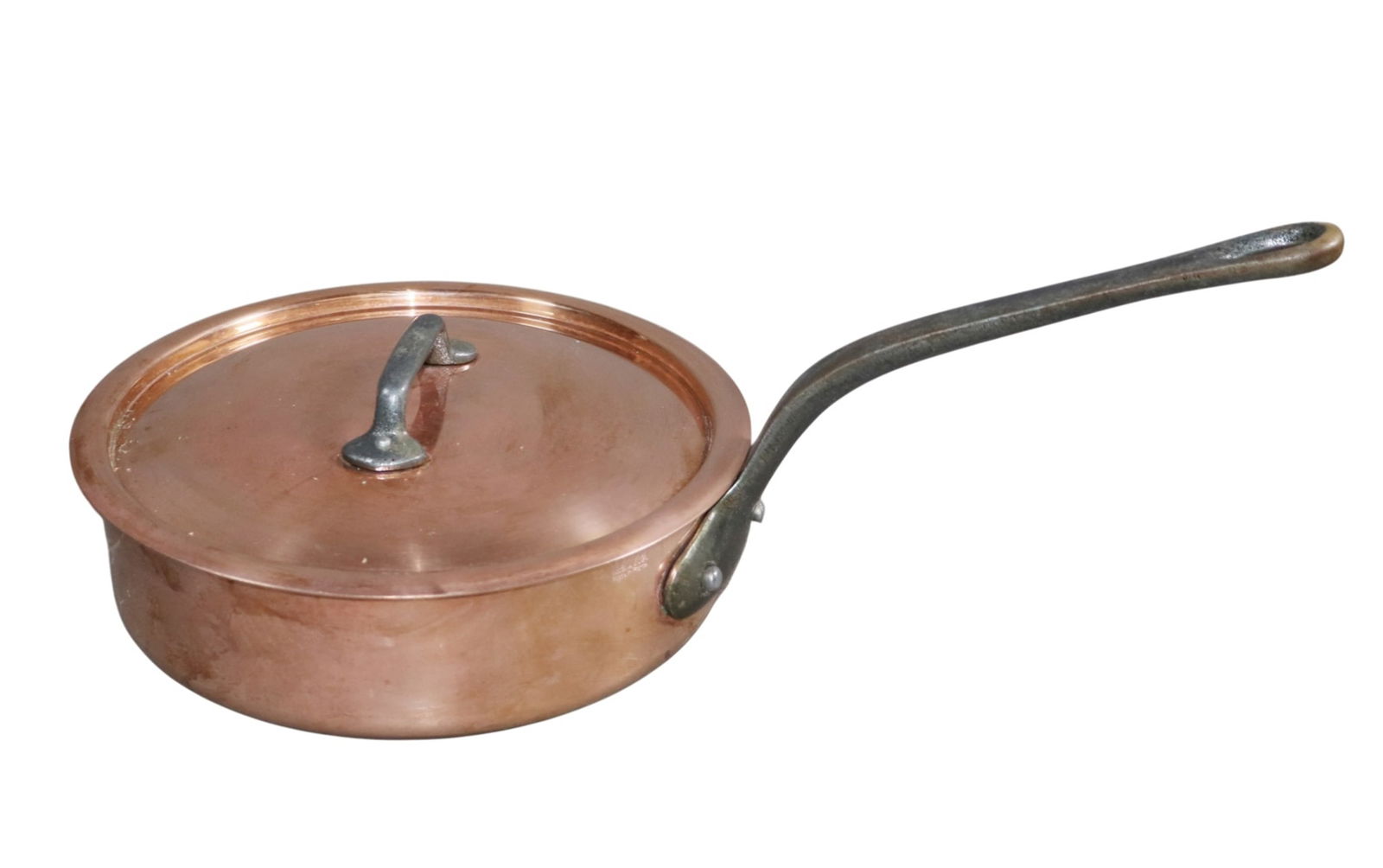 French Mauviel copper pot with iron handle: French Mauviel copper pot with lid and iron handle. Stamped Mauviel, Made in France. 7 1/4"h x 17 7/8"w x 10 1/4"dia. Weight: 5lbs