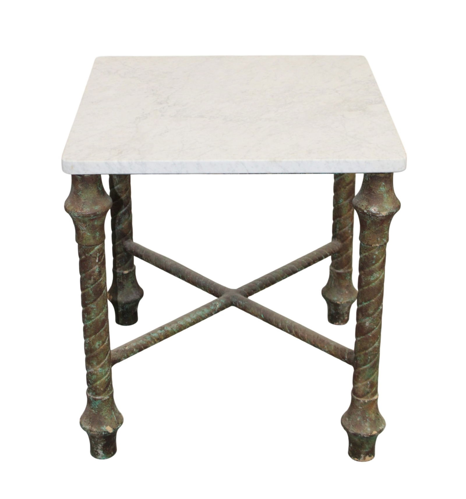 Verdigris iron base table with white marble top (1 of 9)