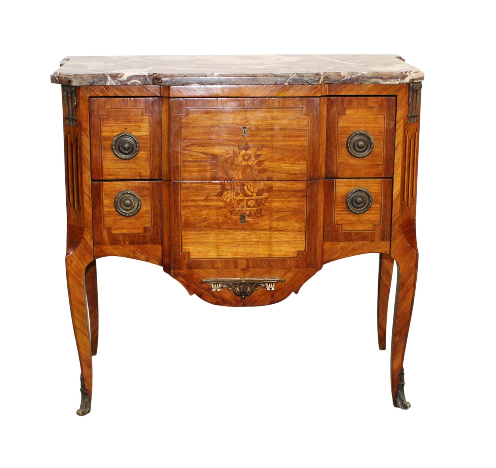 French Louis XVI style inlaid 2 drawer commode on legs with a marble top (1 of 10)