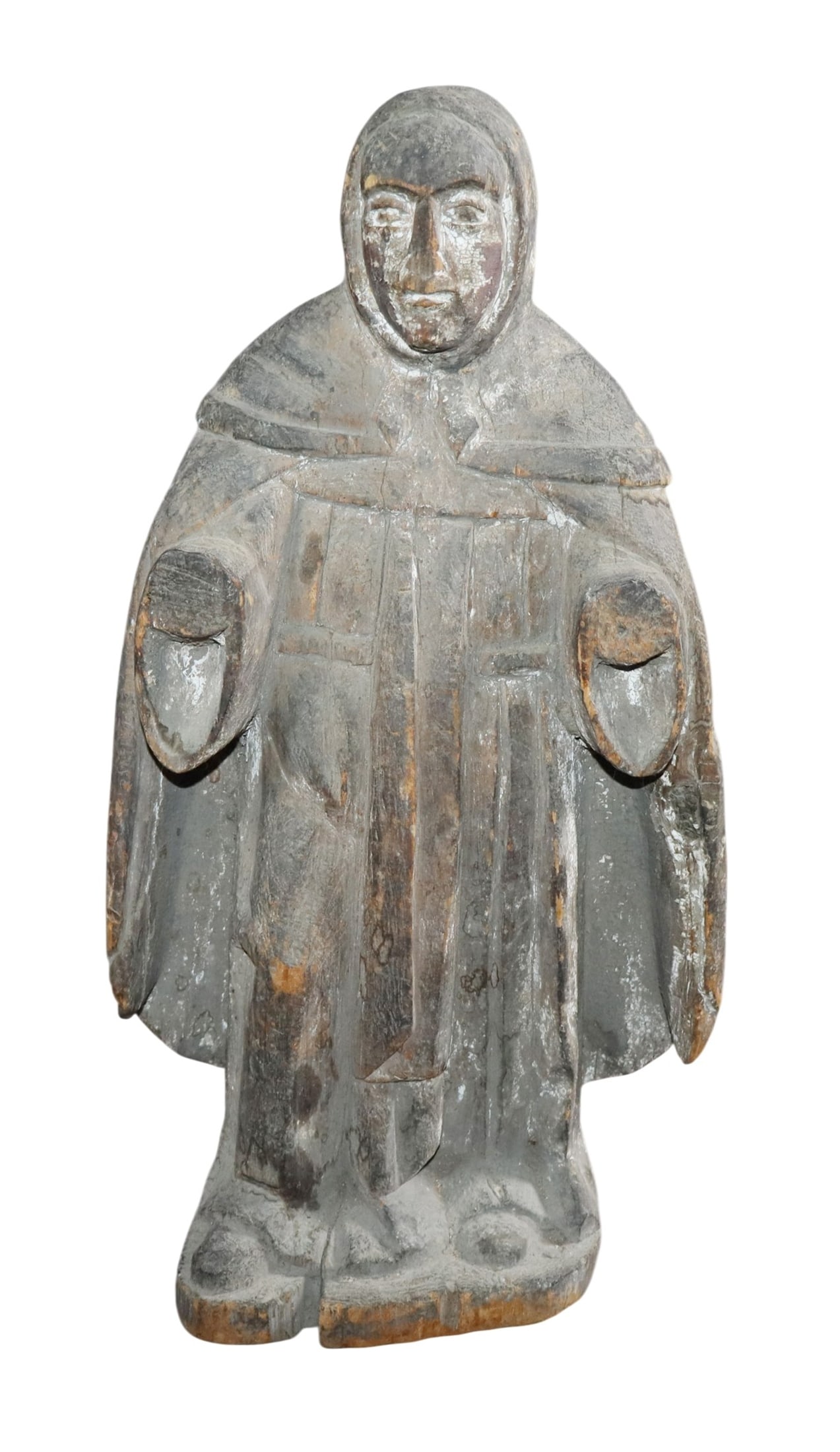 Spanish carved wooden Santos figural carving: Spanish carved wooden Santos figural carving, likely Saint Francis. 15 3/4"h x 8"w x 4 1/4"d. Weight: 2lbs