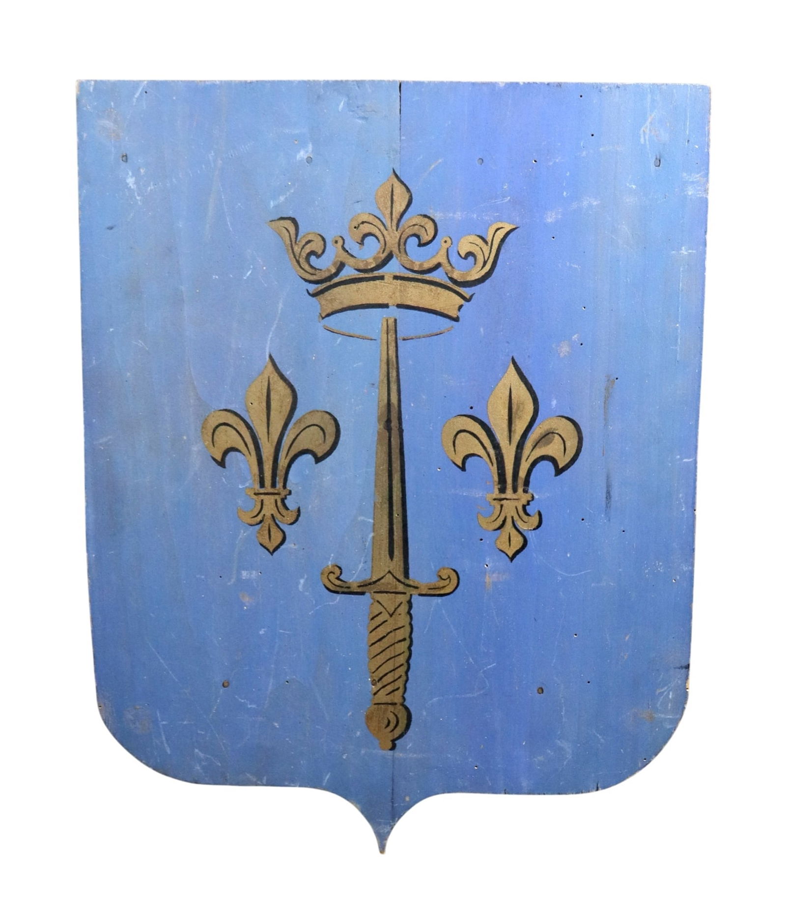 French painted wooden shield with Joan of Arc coat of arms: French painted wooden shield with Joan of Arc coat of arms. Mid 20th century. 19 1/2"h x 15 1/2"w. Weight: 1lb