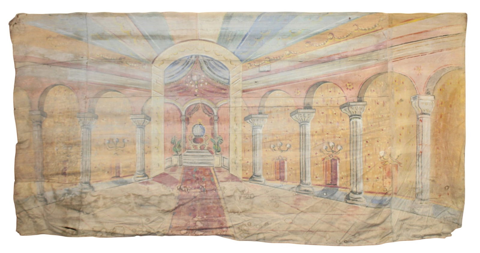 Italian double sided painted canvas theatre backdrop panel: Italian double sided painted canvas theatre backdrop panel. Early 20th century 60"h x 120"l