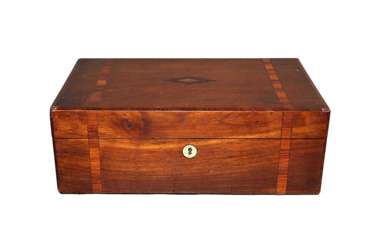 English inlaid mahogany lap desk: English inlaid mahogany lap desk. Early 20th century. 5"h x 13 7/8"w x 8 5/8"d. Unfolded: 3 3/8"h x 13 7/8"w x 17 1/4"d. Weight: 5lbs