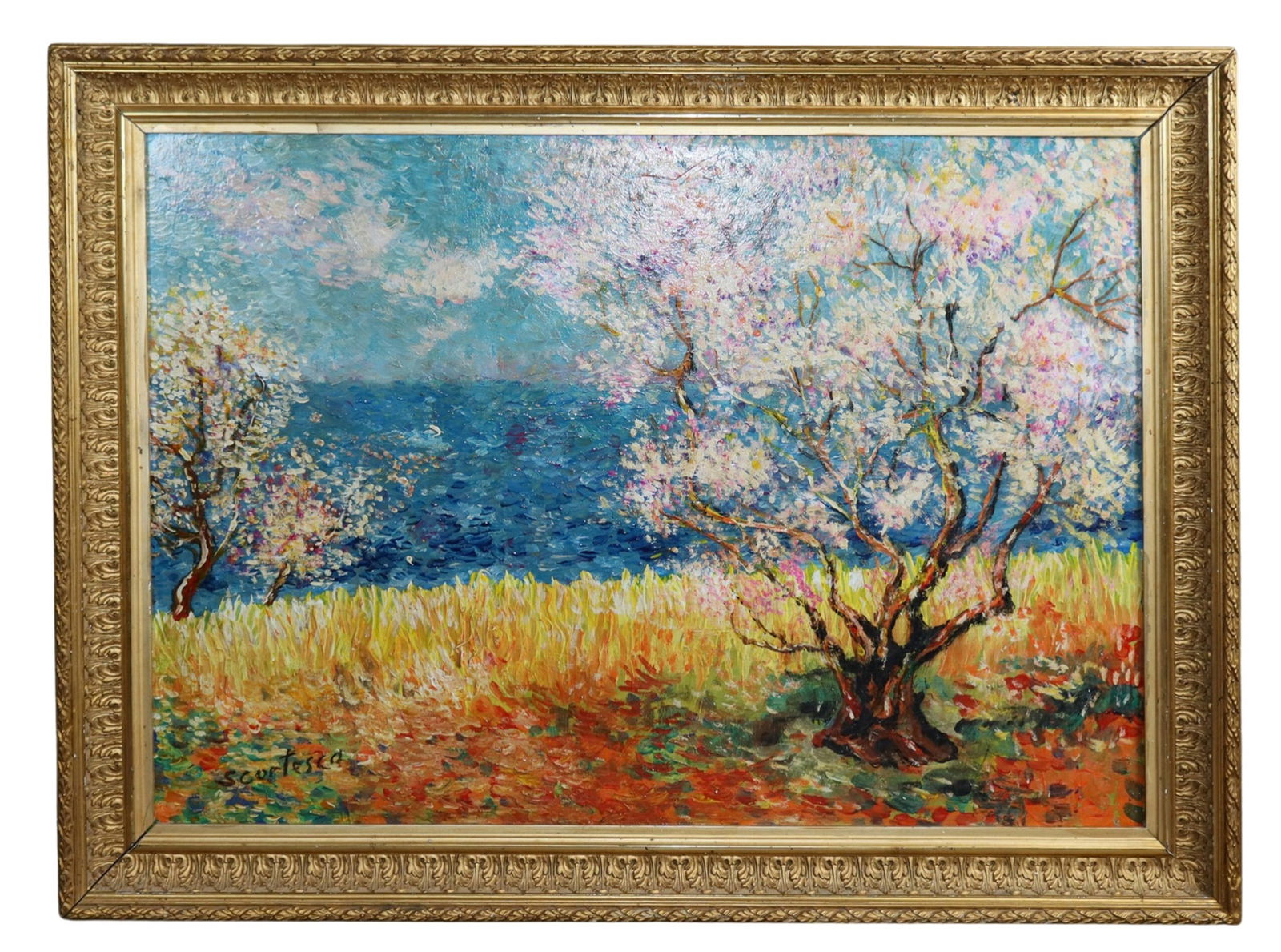 Paul Scortesco (Romanian, 1895-1976) oil on board landscape painting of landscape: Paul Scortesco (Romanian, 1895-1976) oil on board landscape painting of landscape. Signed l/l Scortesco. 24 3/4"h x 33"w Sight: 19 3/4"h x 28 1/8"w. Weight: 9lbs