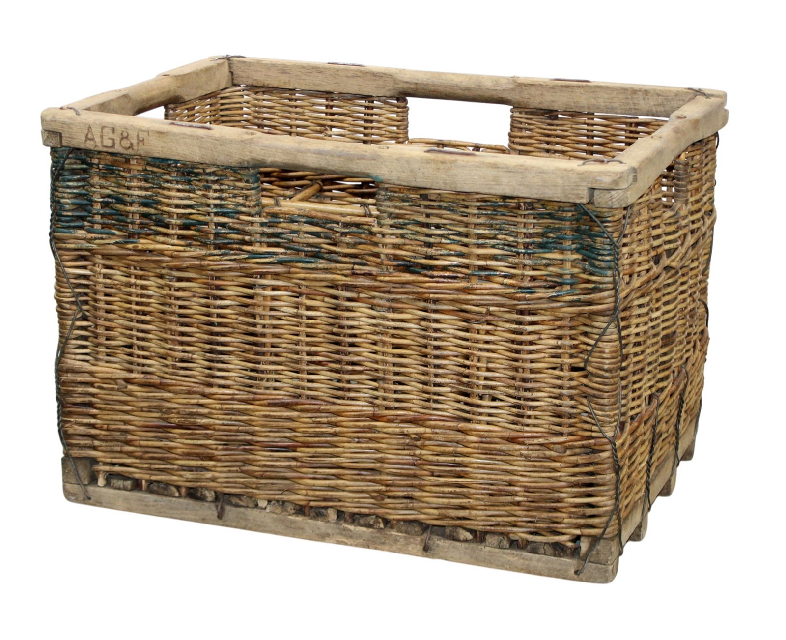 French wicker wine bottle basket: French wicker wine bottle basket. Holds 15 bottles. Early 20th century. 15 1/2"h x 23 1/2"w x 15"d