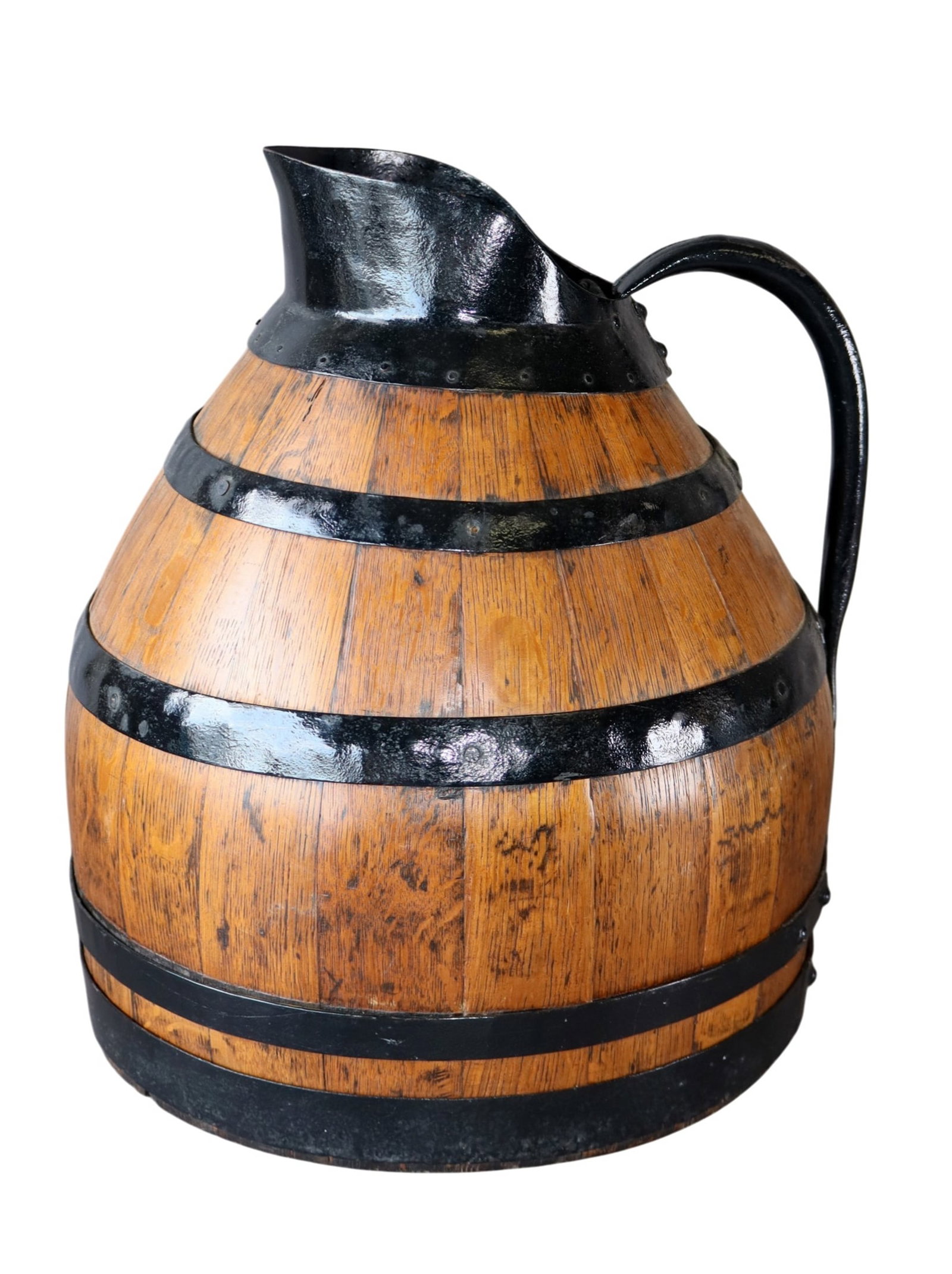 French oak and iron banded wine pitcher: French oak and iron banded wine pitcher. Marked J. Desthieux Cercie-Rhone. 14 1/4"h x 12"dia. Weight: 7lbs