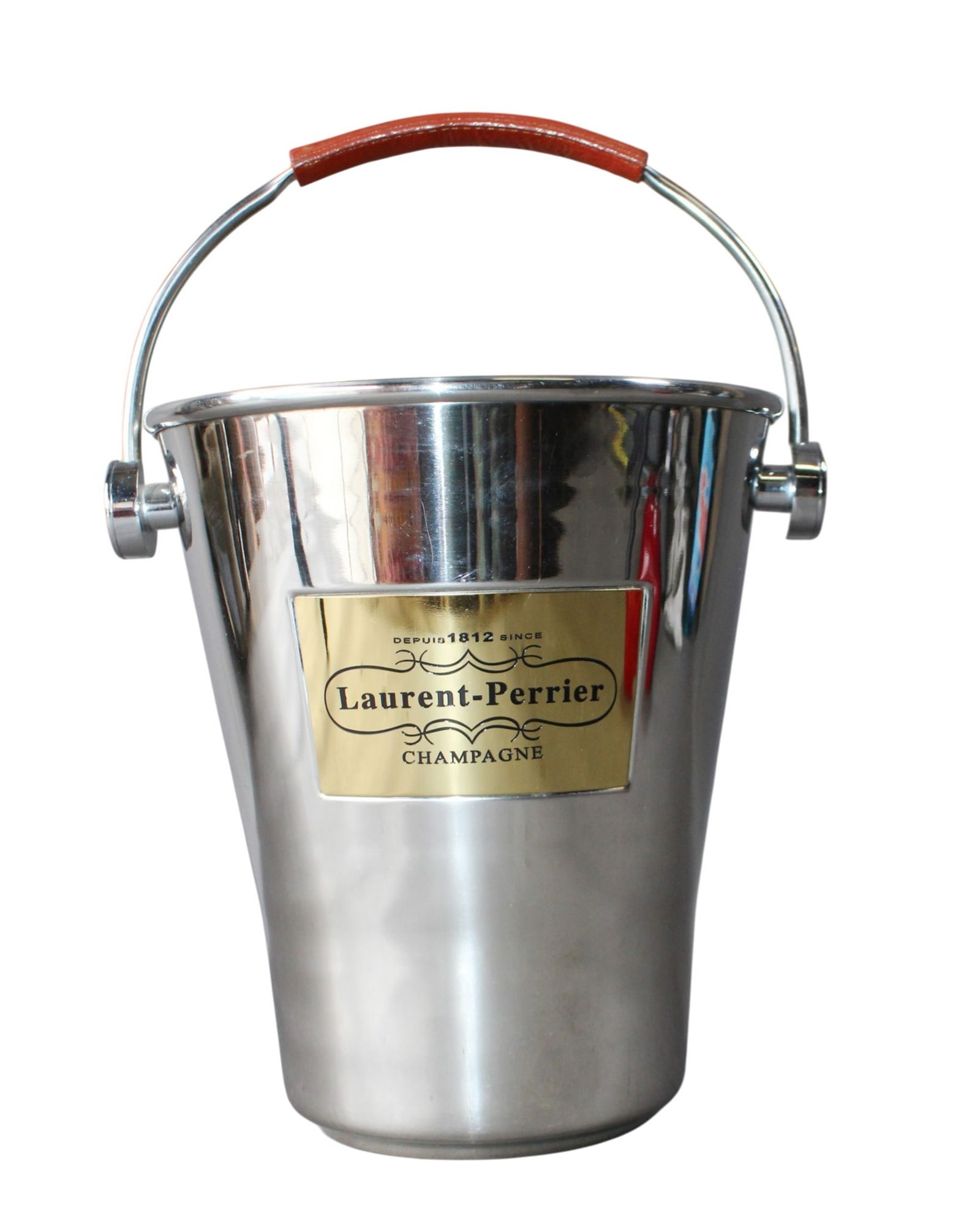 French Laurent Perrier champagne bucket with leather handle: French Laurent Perrier champagne bucket with leather handle. 8"h x 7 1/2"dia. Weight: 2lbs