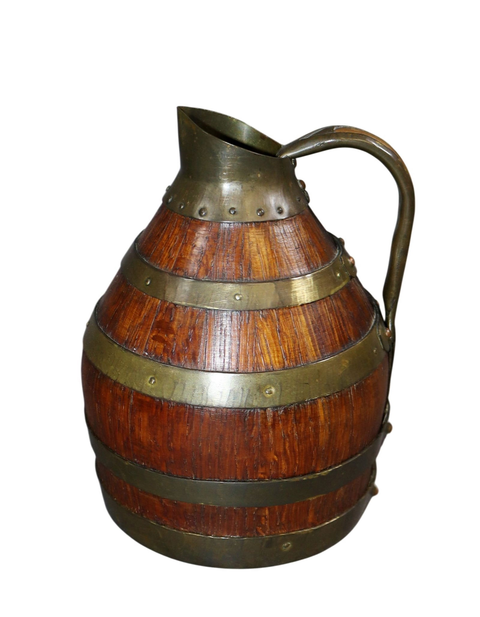 French Alsatian oak and brass wine pitcher: French Alsatian oak and brass wine pitcher. 6 1/4"h x 4 1/2"dia. Weight: less than 1lb