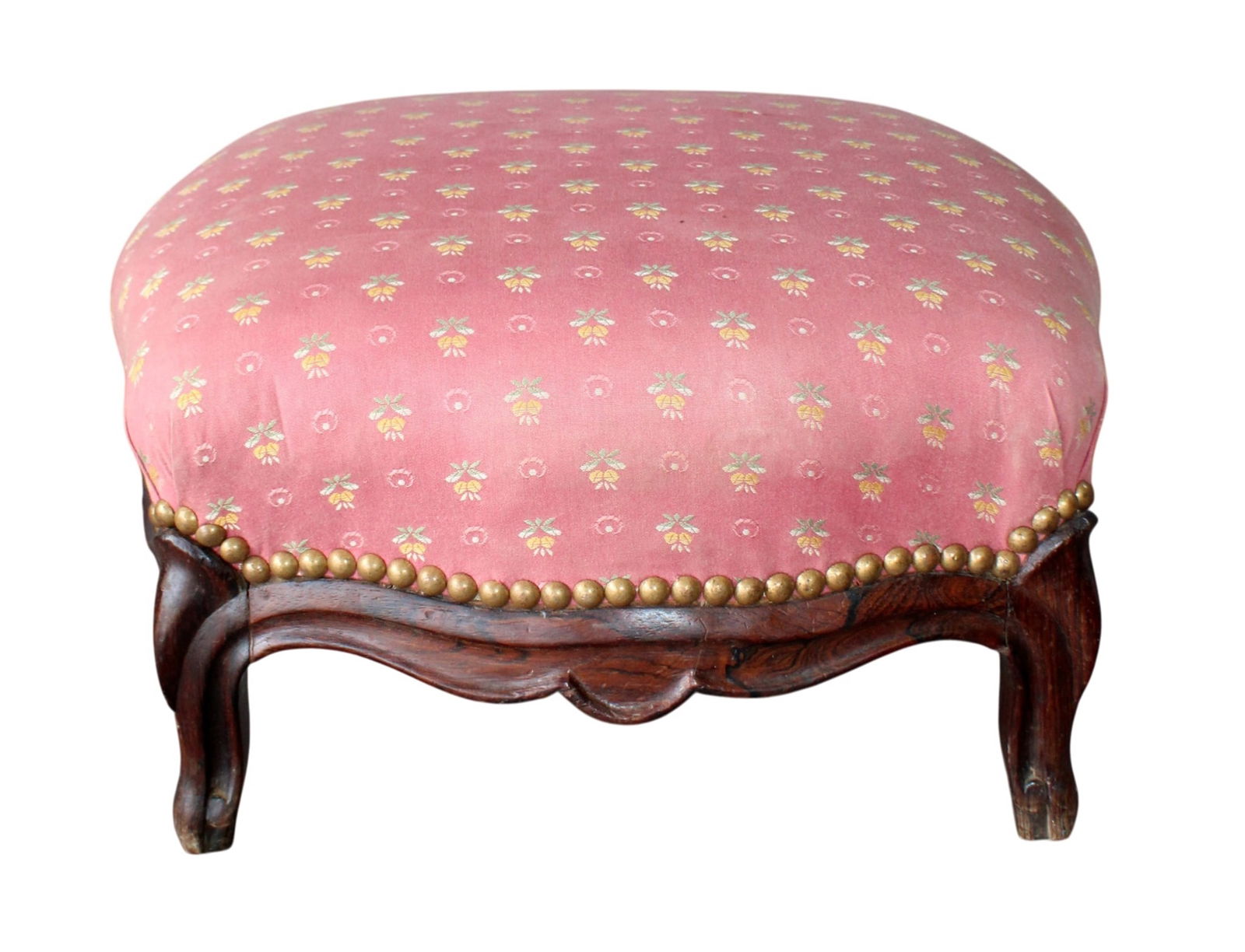 French Louis XV style upholstered footstool: French Louis XV style upholstered footstool. 9"h x 15 3/4"w x 15 3/4"d. Weight: 7lbs