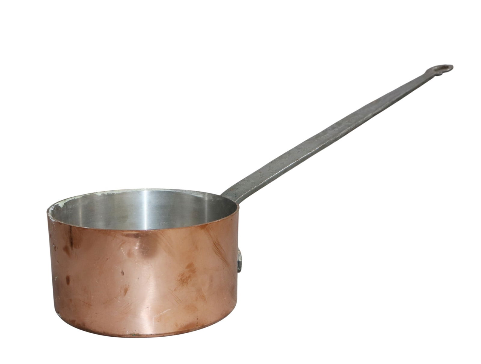 French Villedieu copper sauce pan with long iron handle: French Villedieu copper sauce pan with long iron handle. 9"h x 24"w x 7 1/4"dia. Weight: 5lbs