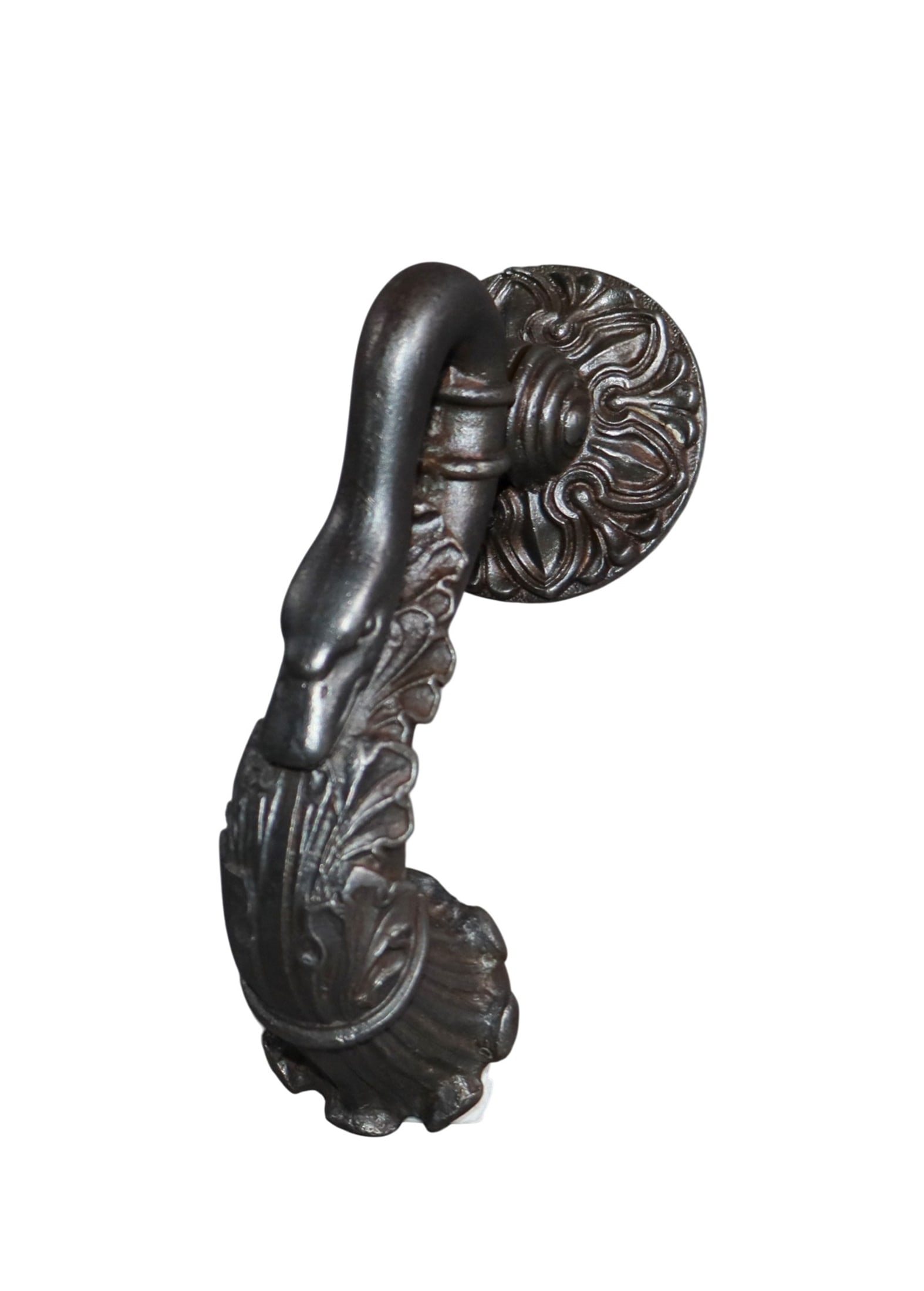 French cast iron swan neck door knocker: French cast iron swan neck door knocker. 19th century. 6 3/4"h x 2 1/2"w x 6"d. Weight: 2lbs
