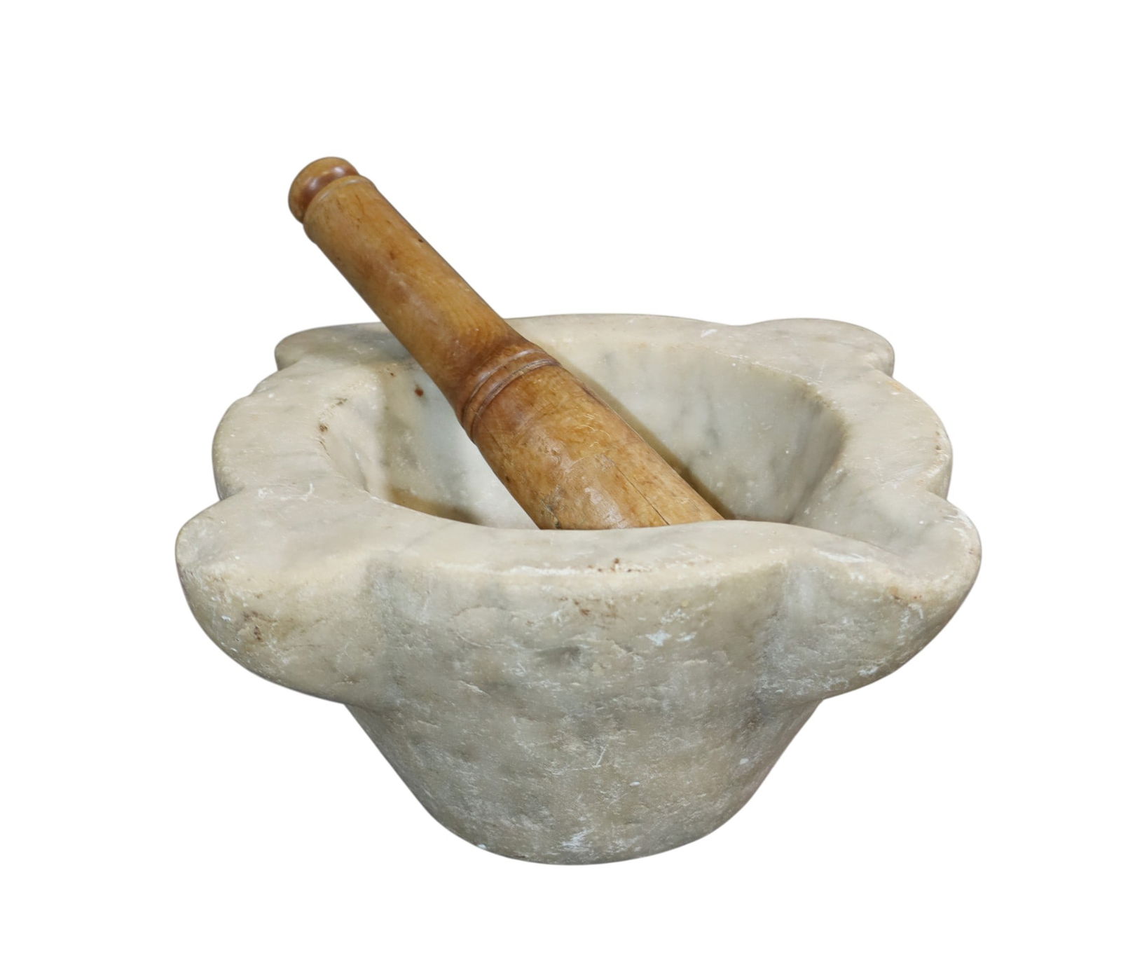 French marble mortar and wooden pestle: French marble mortar and wooden pestle. Early 20th century. Mortar: 5"h x 8 5/8"w x 8 5/8"d Pestle: 8 7/8"l x 1 3/4"dia. Weight: 15 total