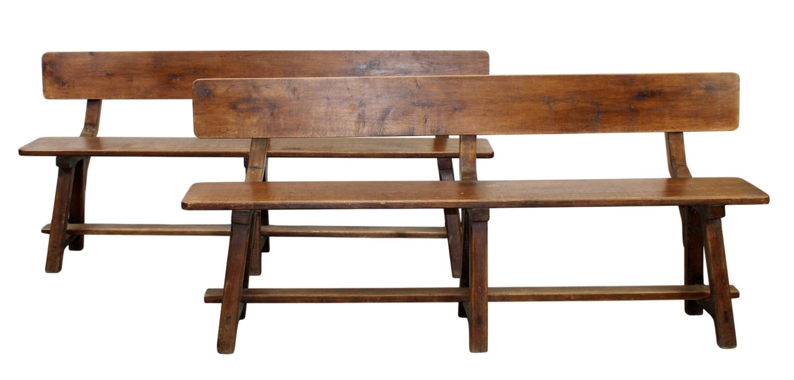 Pair of French benches in oak: Pair of French benches in oak. Early 20th century. 29 3/8"h x 65 3/8"w x 13"d, seat height 17 3/8"