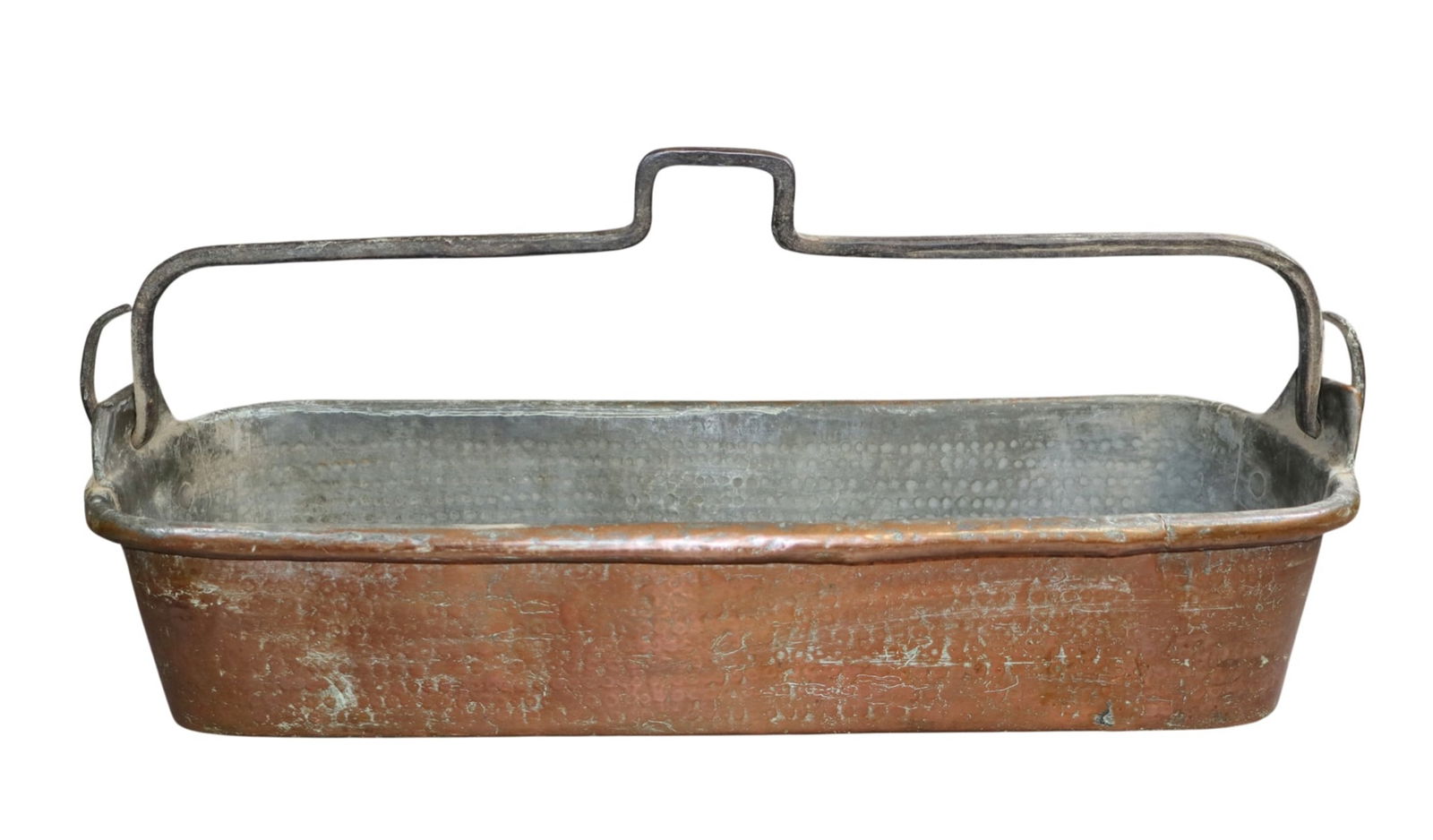 Large French hammered copper fish poacher: Large French hammered copper fish poacher. 19th century. 7 1/2"h x 29 1/4"w x 11 1/4"d. Weight: 14lbs