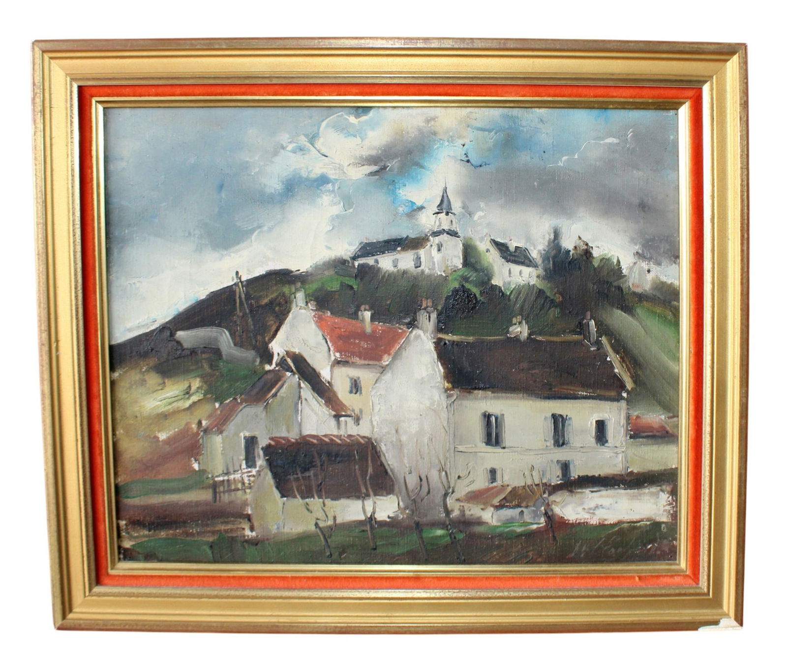 French oil on canvas painting landscape with village and church: French oil on canvas painting landscape with village and church. Signed lower right. Overall 16 1/"h x 19 3/8"w, sight: 12 5/8"h x 15 3/4w. Weight: 3lbs
