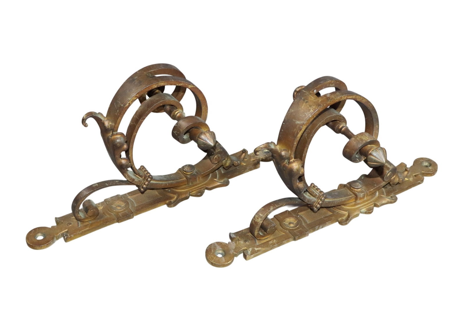 Pair of French bronze curtain tie back holders: Pair of French bronze curtain tie back holders. 12 7/8"h x 6 1/4"w x 6 5/8"d. Weight: 6lbs
