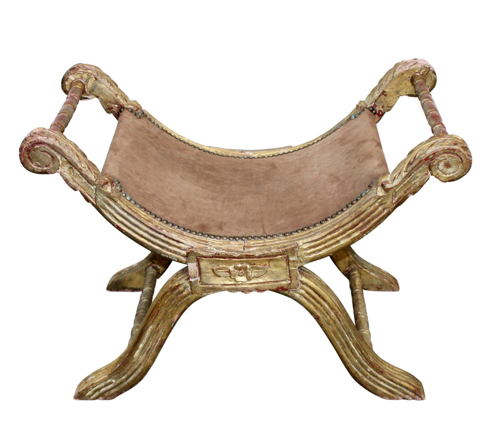 French Empire style X frame gilt finish stool: French Empire style X frame gilt finish stool. Early 20th century. 20"h x 30"w x 19"d