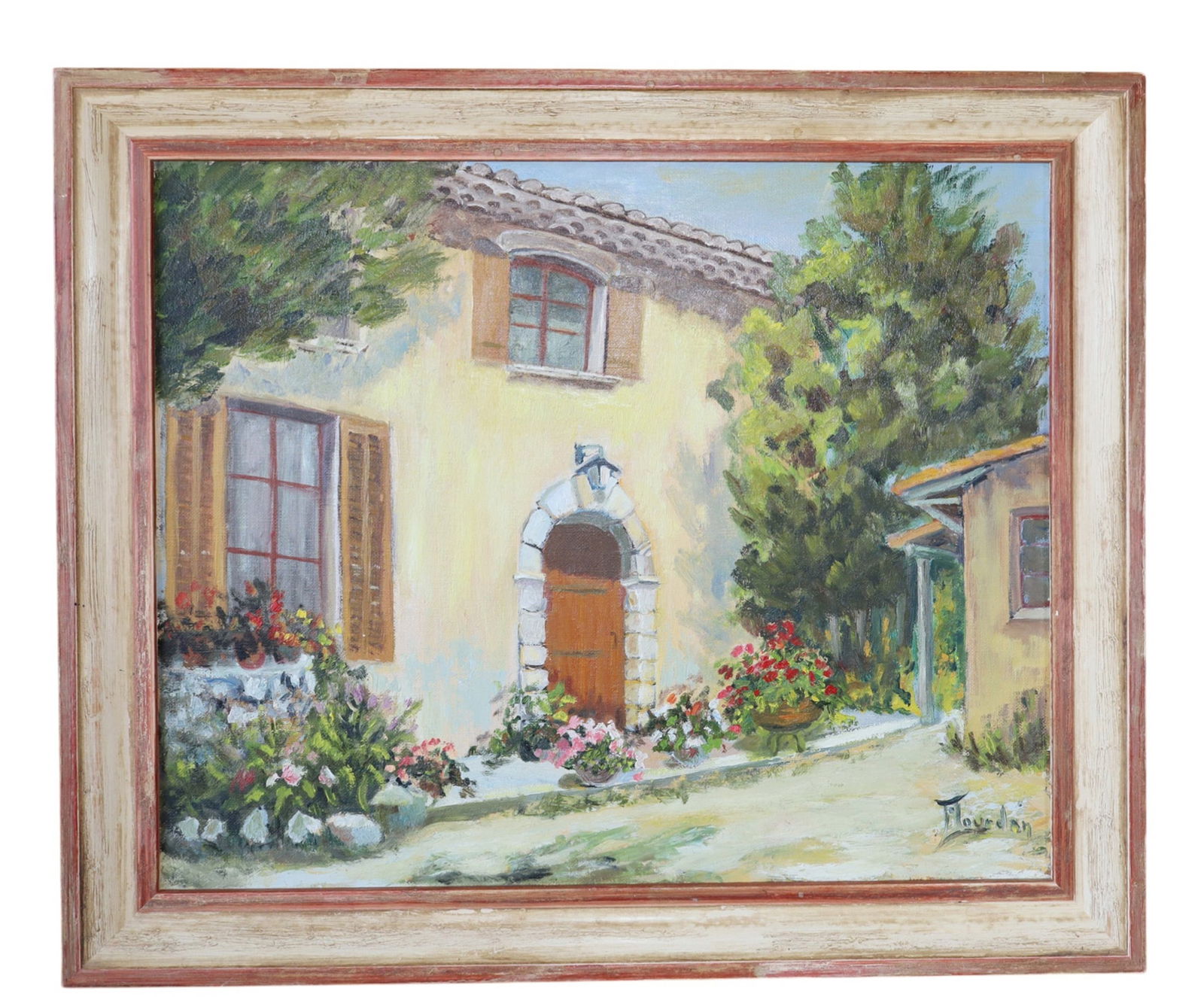 French oil on canvas painting of house in Alloush, France: French oil on canvas painting of house in Allauch, France. Signed lower right M. Jourdan. Noted on back "Allauch Mas Bremond." 18 1/4"h x 21 3/8", Sight 14 3/4" x 17 7/8" Weight: 2lbs
