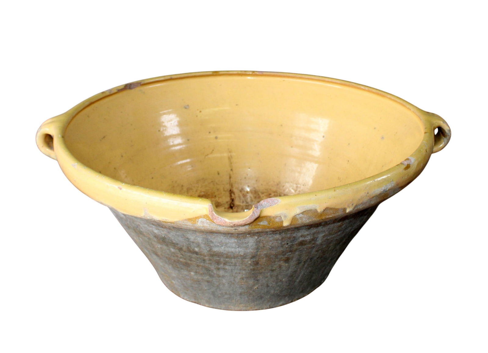 French glazed terra cotta tian bowl: French glazed terra cotta tian bowl. Early 20th century. 7 3/4"h x 19 1/8"w x 17 5/8"d. Weight:9lbs