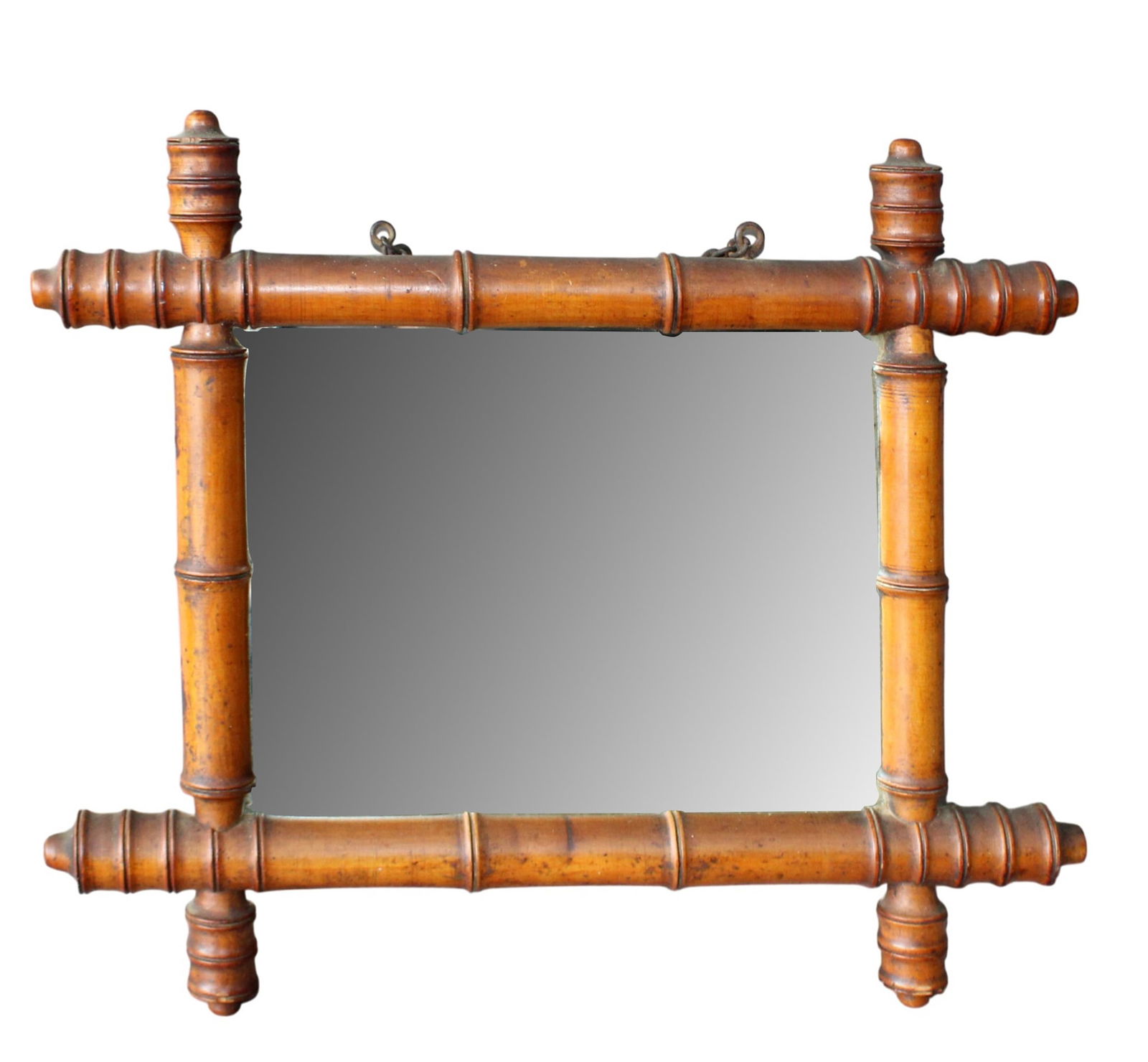 French faux bamboo hanging mirror: French faux bamboo hanging mirror. 14"h x 16 1/2"w. Weight: 2.5lbs