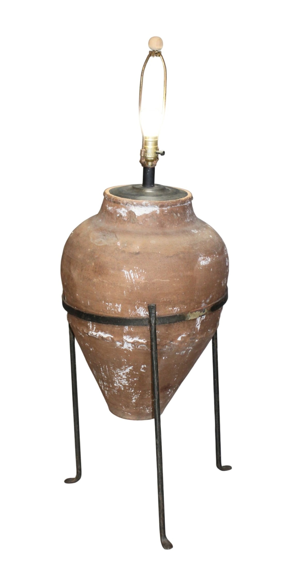 French pottery urn mounted as a lamp: French pottery urn mounted as a lamp on iron stand. 45"h