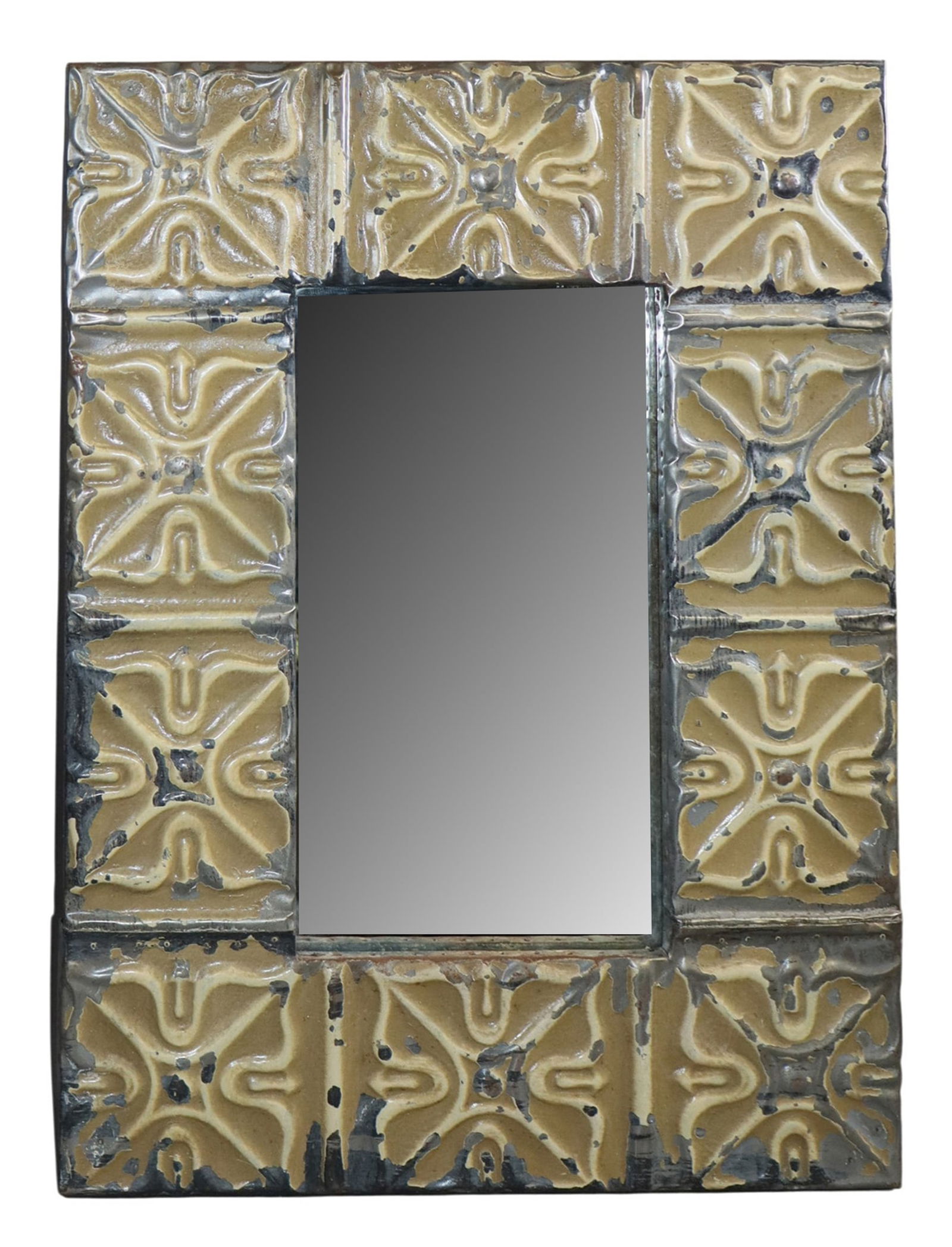 Reclaimed ceiling tin framed mirror: Reclaimed ceiling tin tile framed mirror. Made in the USA. 22 1/2"h x 16 1/2"w overall. Weight: 8lbs