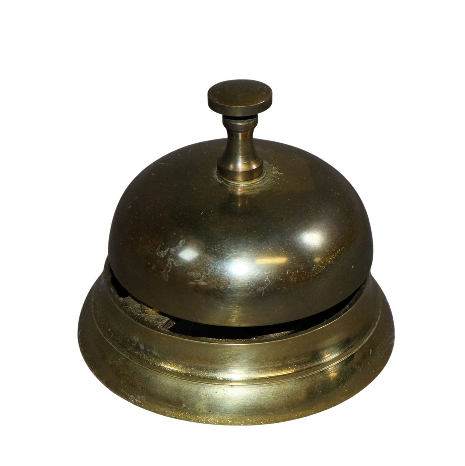 Brass hotel bell: Brass hotel bell. 3 1/4"h x 3 5/8"dia. Weight: Less than 1lb