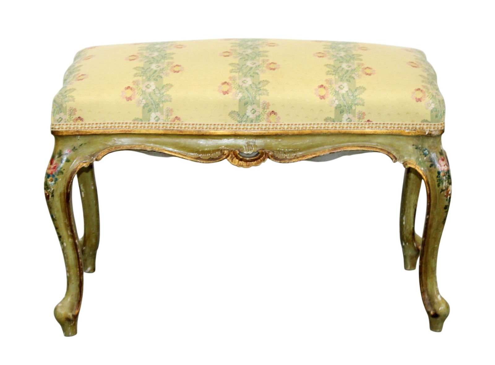 Venetian painted stool with upholstered seat: Venetian painted stool with upholstered seat. Circa 1900. 18 1/2"h x 27 3/4"w