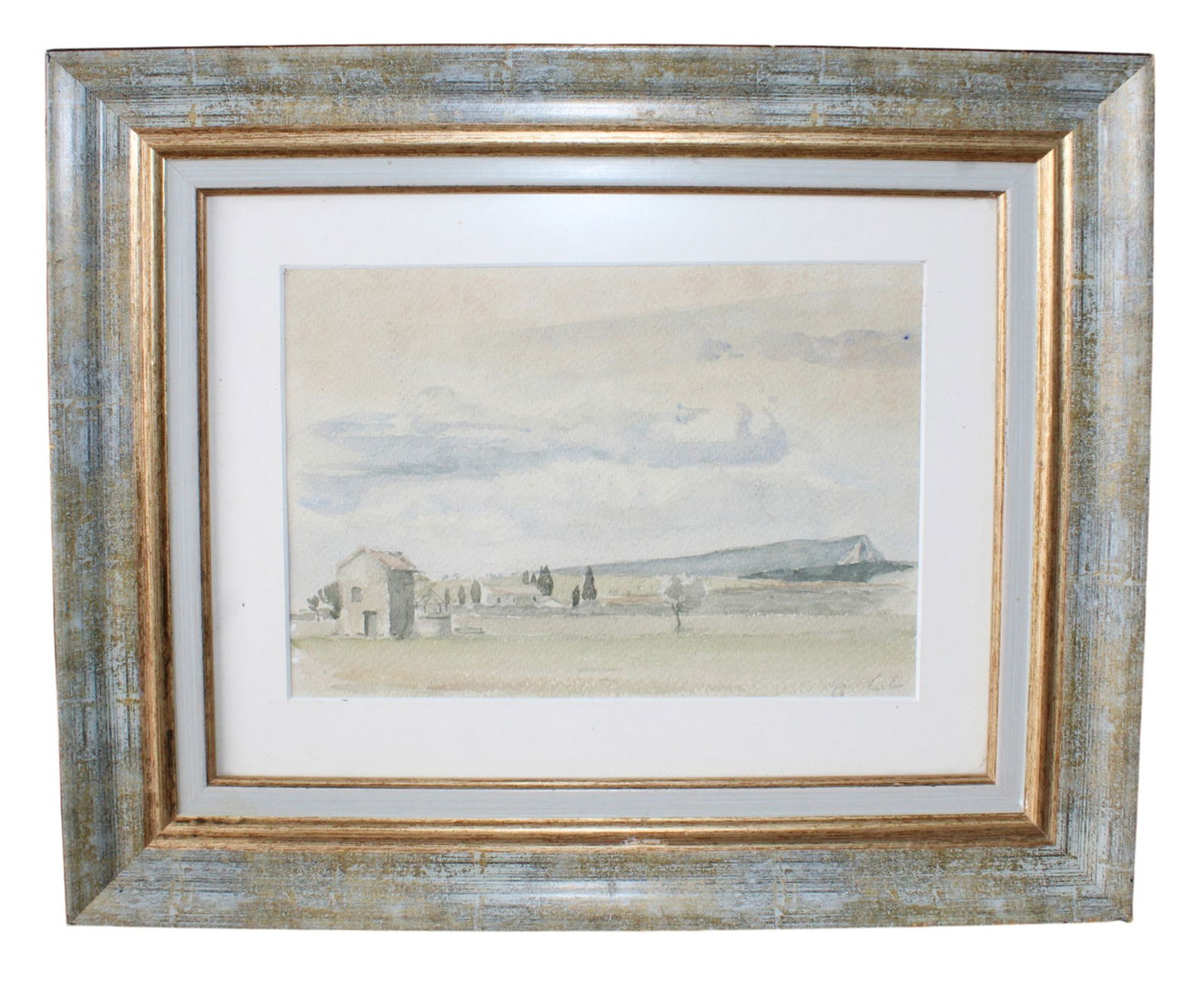 French watercolor painting landscape: French watercolor painting landscape. Signed lower right. Early 20th century. 15 3/8"h x 18 1/2"w. Sight 7 1/2"h x 10 7/8"w. Weight: 2lbs