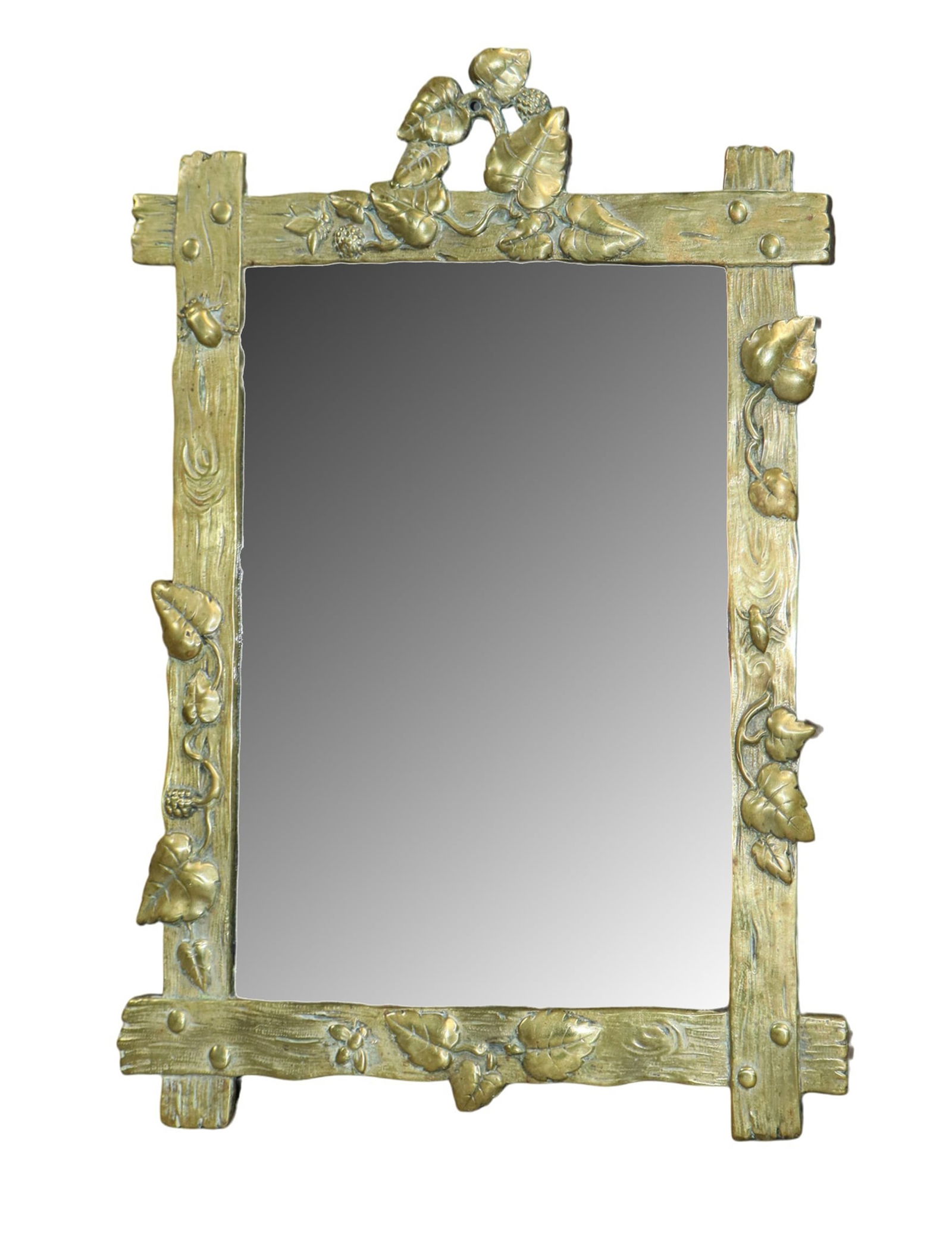 French bronze naturalistic wall mirror with foliate detail: French bronze naturalistic wall mirror with foliate detail and beveled glass. 12"h x 8 3/4"w. Weight: 2lbs