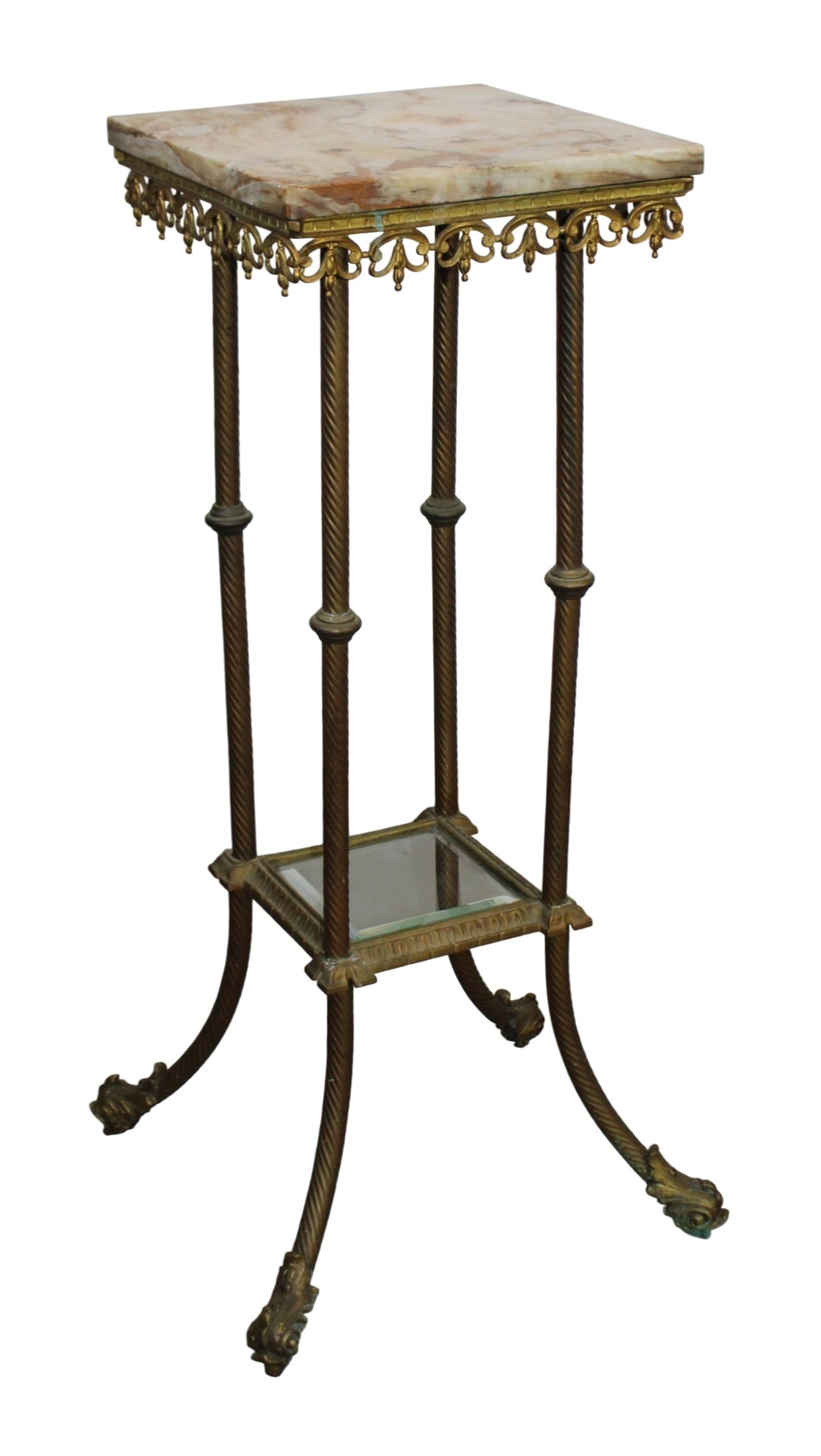 American brass and onyx plant stand: American brass plant stand with onyx top and beveled glass lower shelf. Early 20th century. 33 1/2"h x 12"square