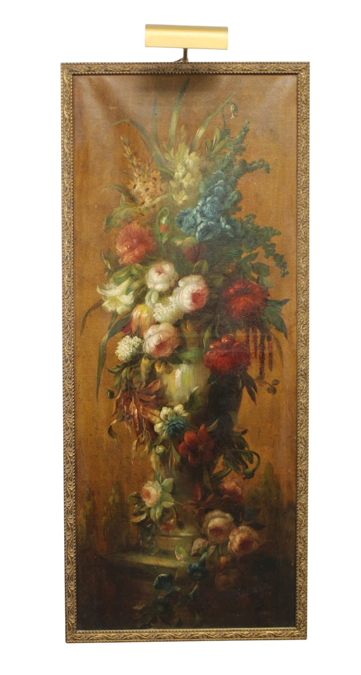 Gaston De Villers (1870 - 1953) oil on canvas floral still life painting: Gaston De Villers (Belgian 1870 - 1953) oil on canvas floral still life painting. Signed lower right corner. Canvas sight size 58"h x 23"w, overall framed size 60 1/4"h x 25 1/2"w
