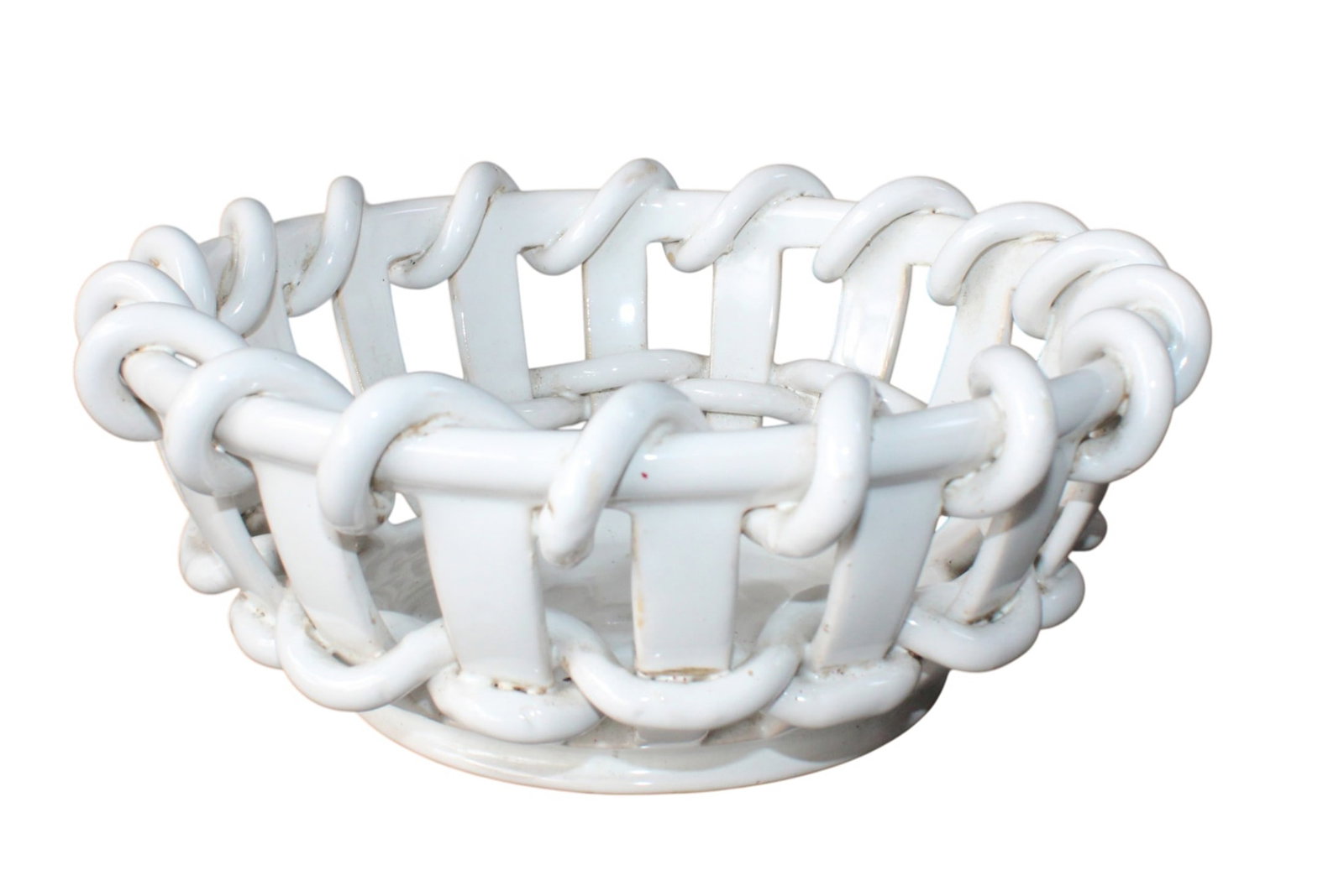 French ceramic woven bowl: French ceramic woven bowl. Old label; "Vielle France entierement fait a la main" (100% hand made) 3 1/2"h x 8 1/2"dia. Weight: less than one pound