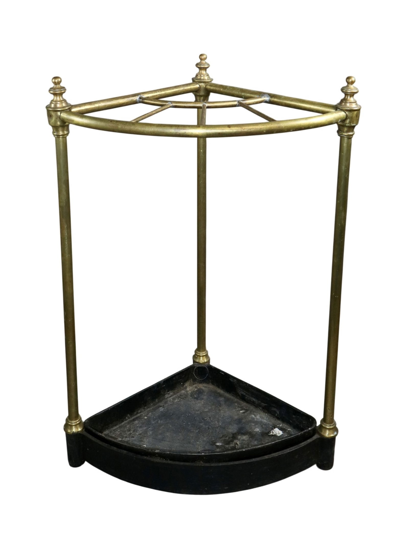 French brass corner umbrella stand with iron base: French brass corner umbrella stand with iron base. Circa 1900. 25"h x 16 3/4"w x 11 1/2"d. Weight: 19lbs