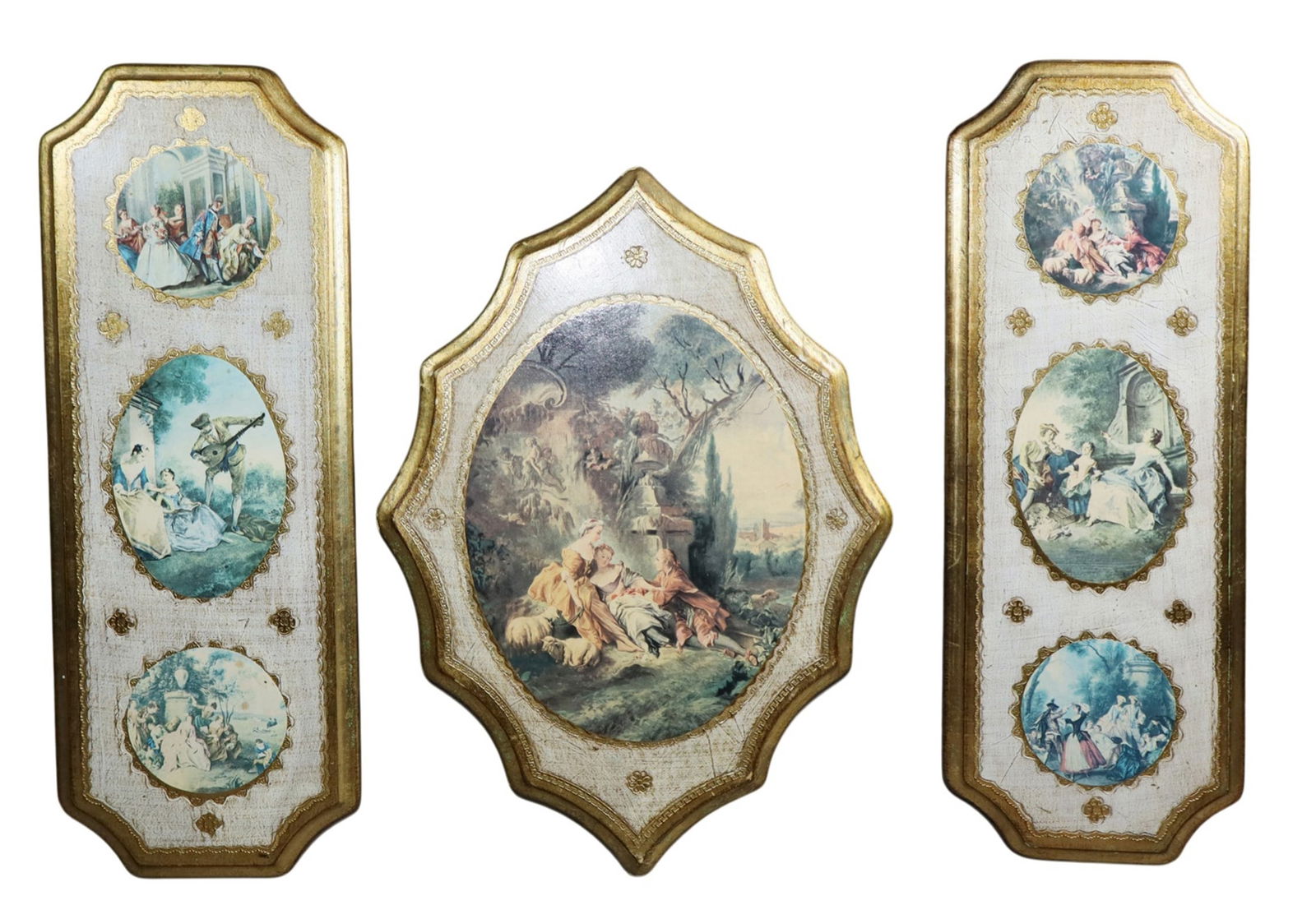 Lot of 3 Florentine printed allegorical scene wooden wall panels: Lot of 3 Florentine printed allegorical scene wooden wall panels. 20 1/2"h x 7 3/8"w - 18"h x 112 3/4"w/ Weight: 1.5lbs total