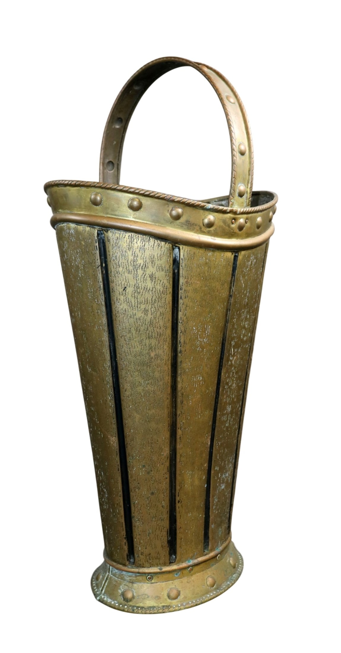 French hammered brass umbrella stand with handle: French hammered brass umbrella stand with handle. Mid 20th century. 29"h x 19 1/4"w x 13 3/4"d. Weight: 5lbs