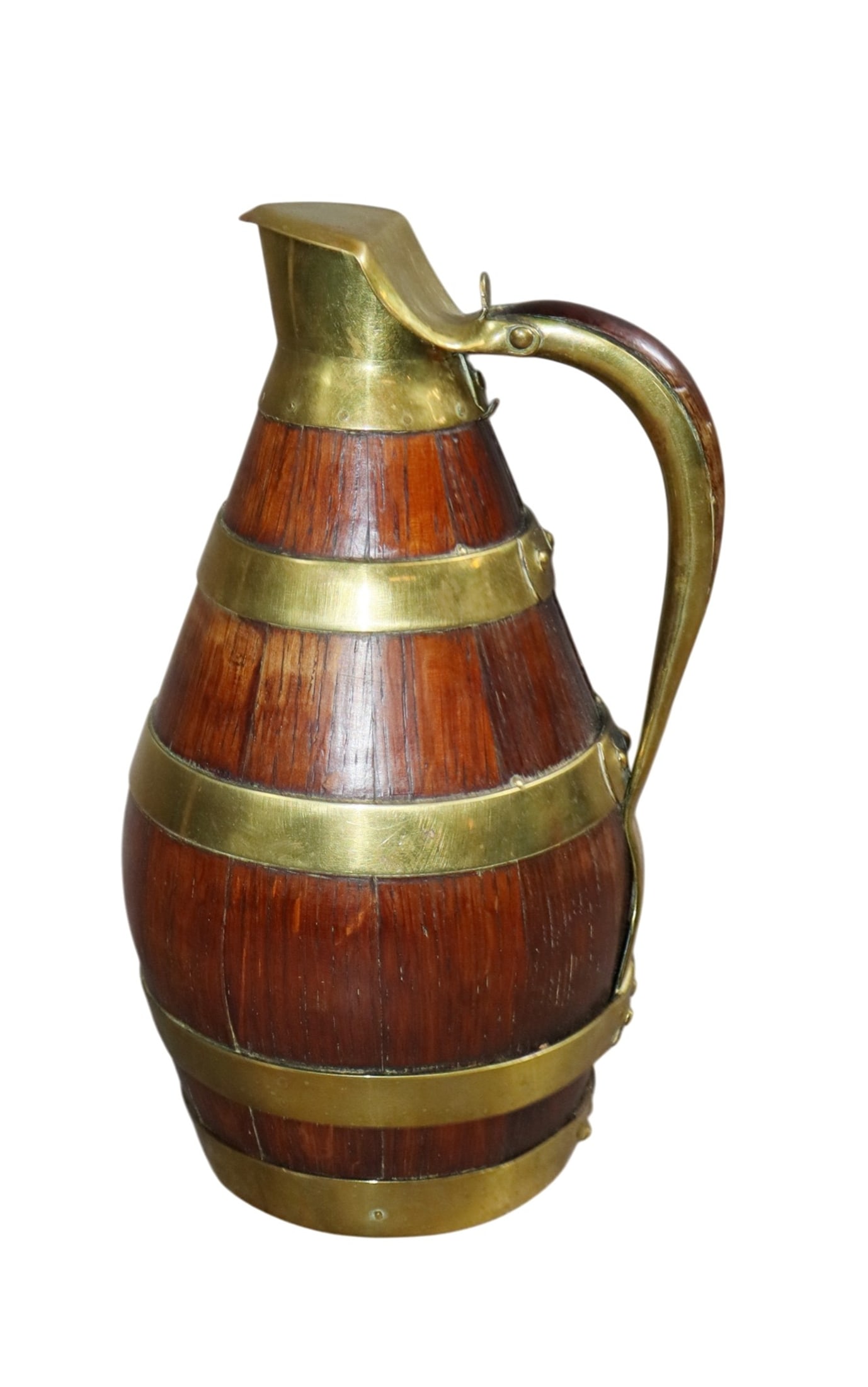 French mini Alsatian oak and brass wine pitcher: French mini Alsatian oak and brass wine pitcher. 9"h x 5 1/8"dia Weight: 1lb