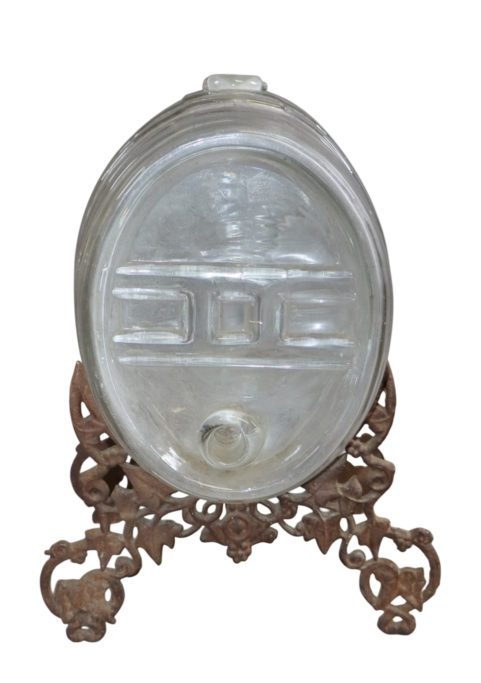 French glass wine barrel dispenser on a wrought iron base: French glass wine barrel dispenser on a wrought iron base. 14 1/2"h x 10 5/8"w x 11 3/4"d. Weight: 12lbs