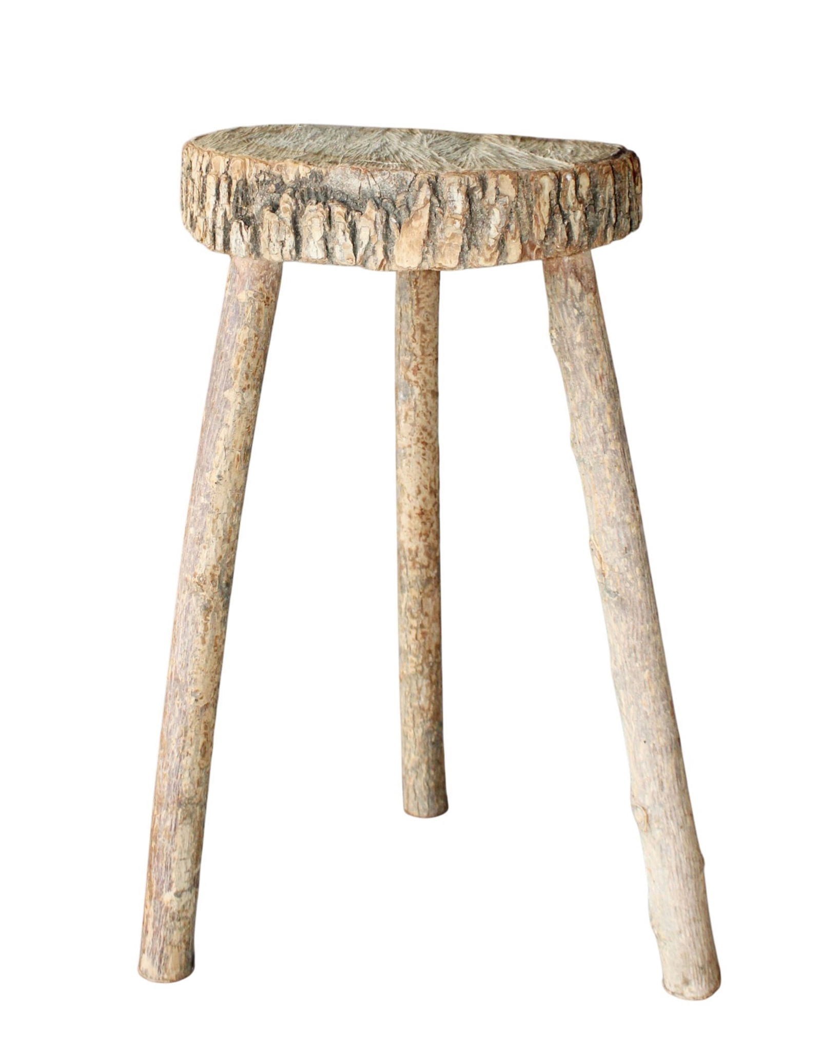 French Brutalist 3-legged wooden stool with live edge seat: French Brutalist 3-legged wooden stool with live edge seat. 20 1/4"h x 13 5/8"w x 11 5/8"d. Weight: 5lbs