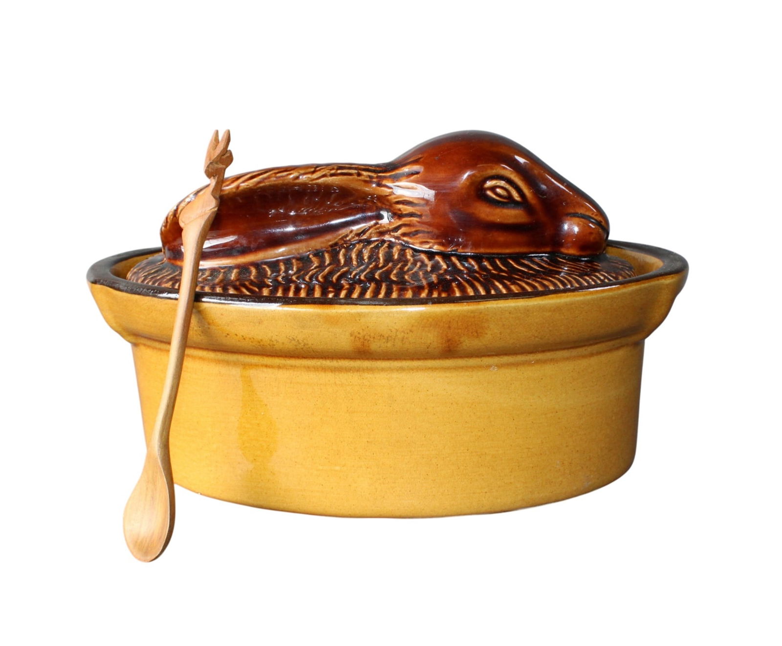 French glazed pate tureen with trompe l'oeil rabbit on lid: French glazed pate tureen with trompe l'oeil rabbit on lid. Marked La Bourguignonne Made in France. Late 20th century. 6 3/4"h x 10 1/4"w x 6 5/8"d. Weight: 3lbs