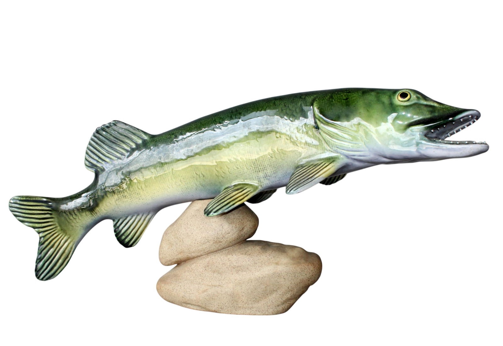 Ceramic fish sculpture on rocks: Ceramic fish sculpture on rocks. 9 3/4"h x 22"w x 5"d. Weight: 5lbs