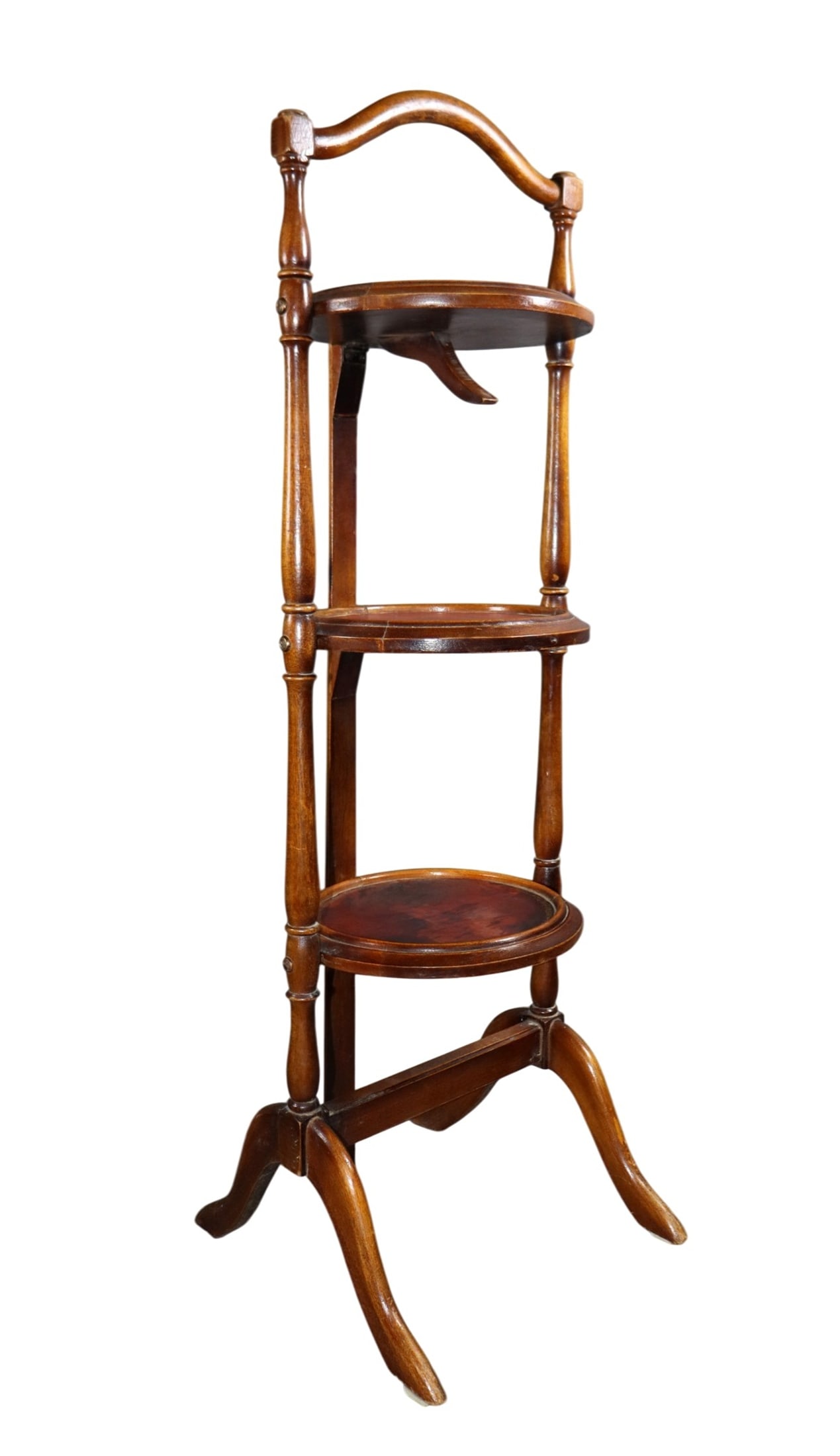 Folding three-tier walnut serving display with leather shelves: Folding three-tier walnut serving display with leather shelves. 33" x 10 1/2" x 11 1/2"d. Weight: 3lbs