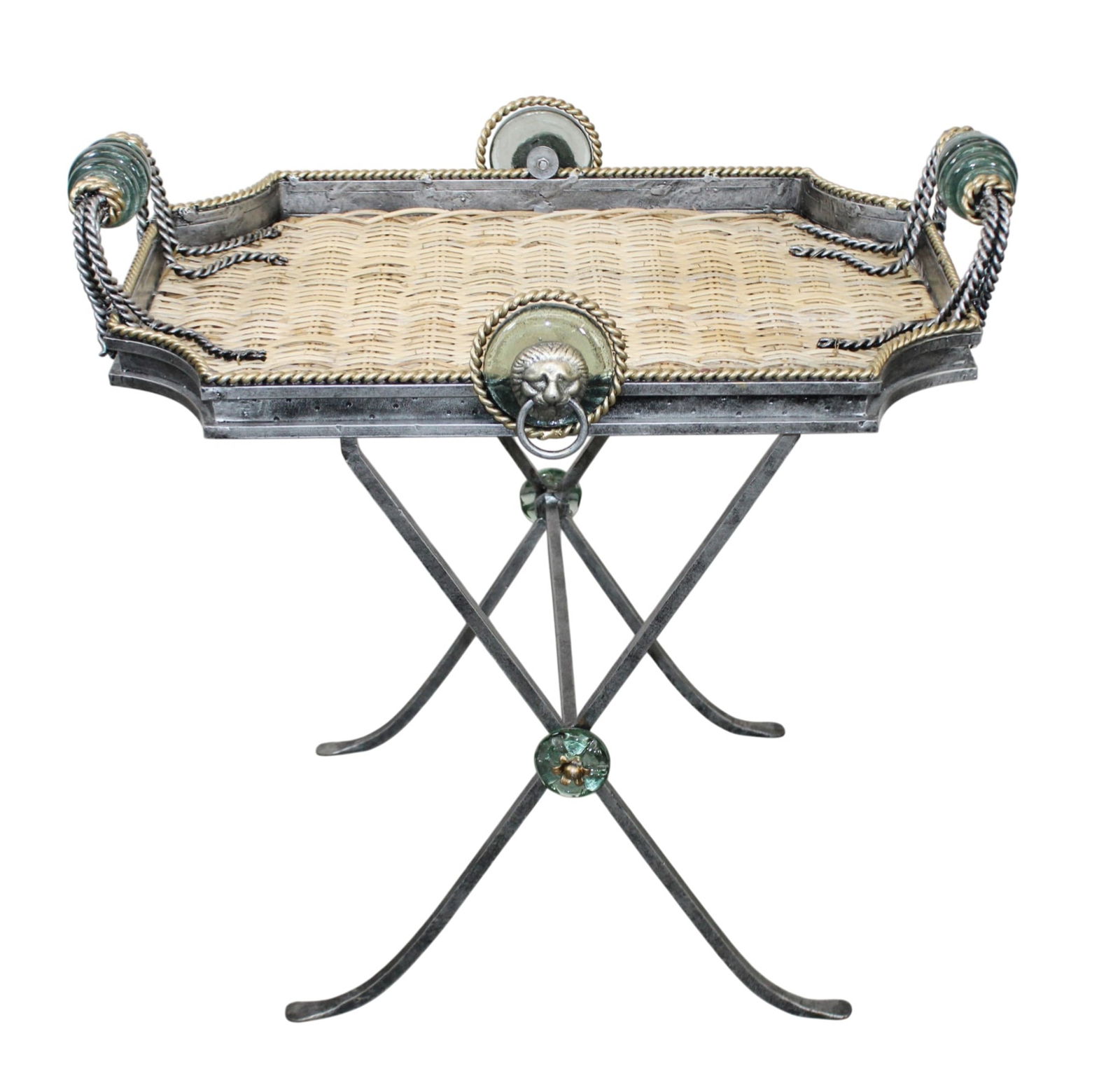 Maitland Smith tray table on folding iron stand: Maitland Smith tray table on folding iron stand. Late 20th century. 27"h x 24"w x 20"d