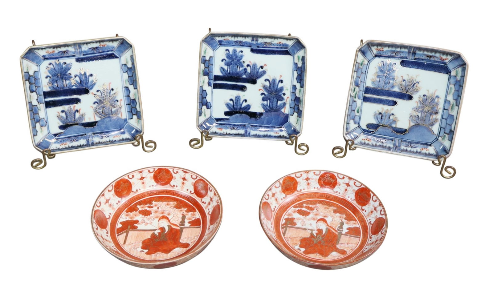 Lot of 5pcs Japanese porcelain: 3 Imari square plates, 2 Kutani small bowls (1 of 6)