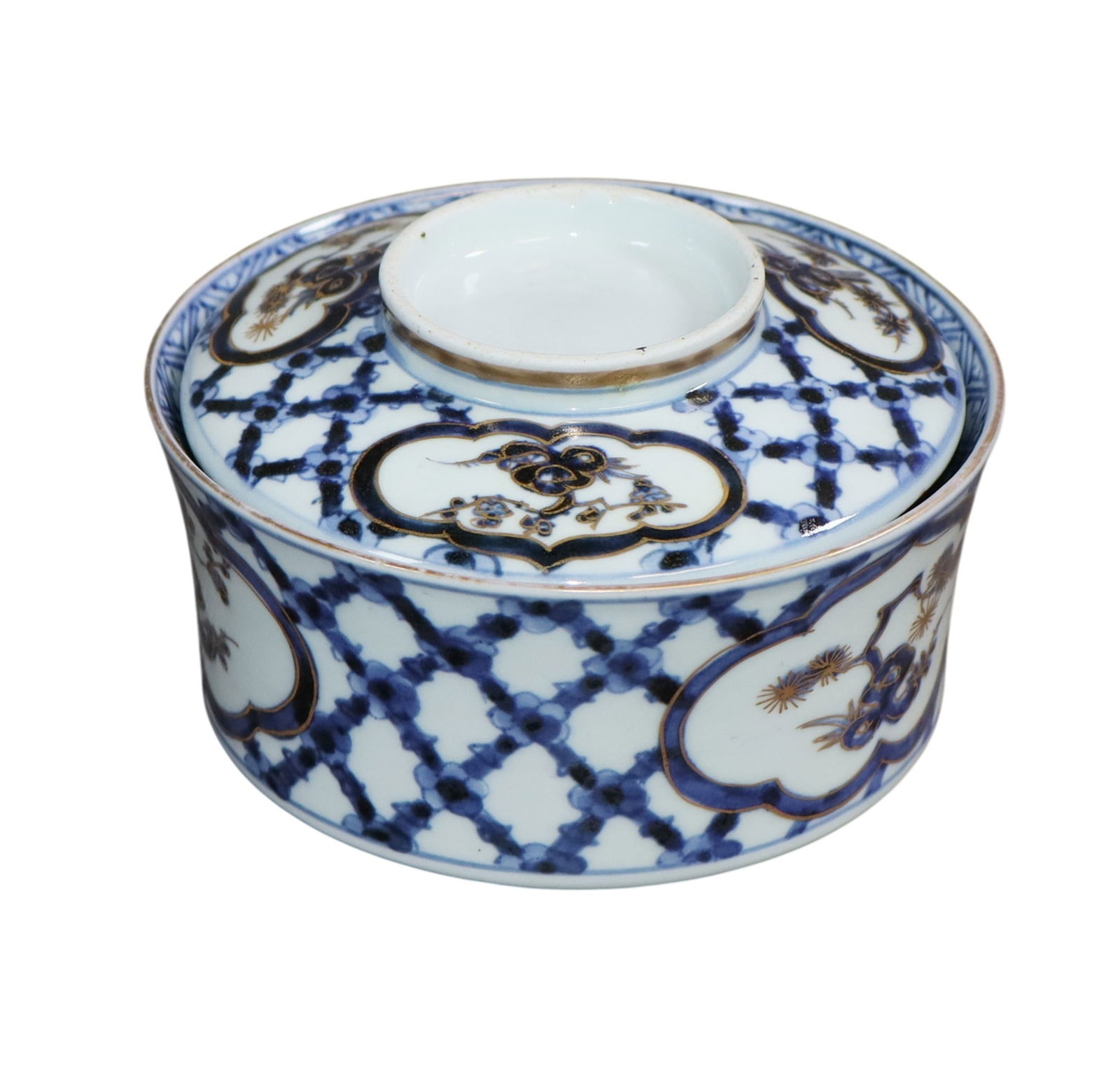 Imari blue & white lidded dish: Imari blue & white lidded dish. 3 1/8"h x 4 3/4"dia. Weight: Less than 1lb
