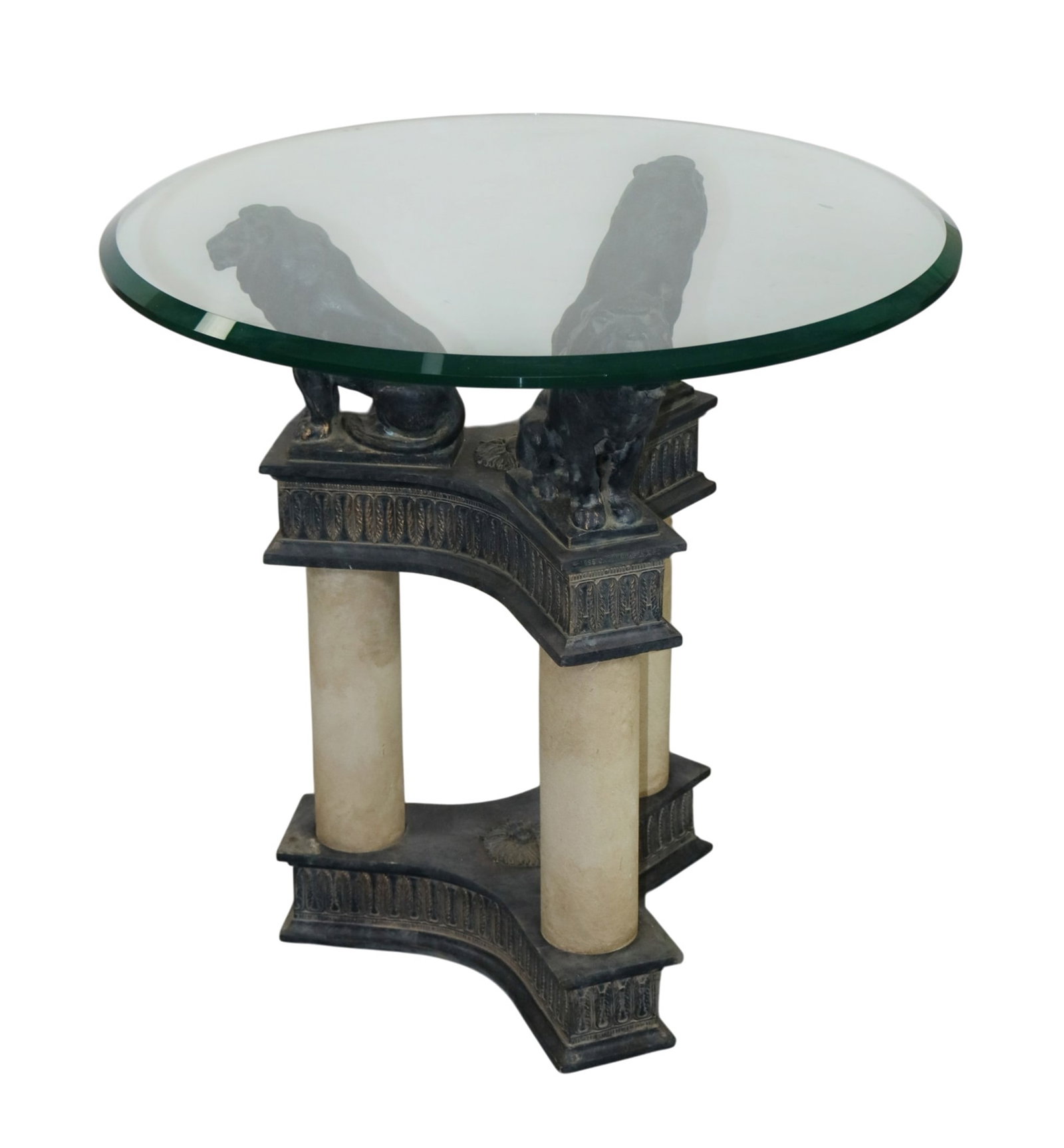 Maitland Smith side table with lion support: Maitland Smith side table with lion support. Late 20th century. 26"h x 26" dia